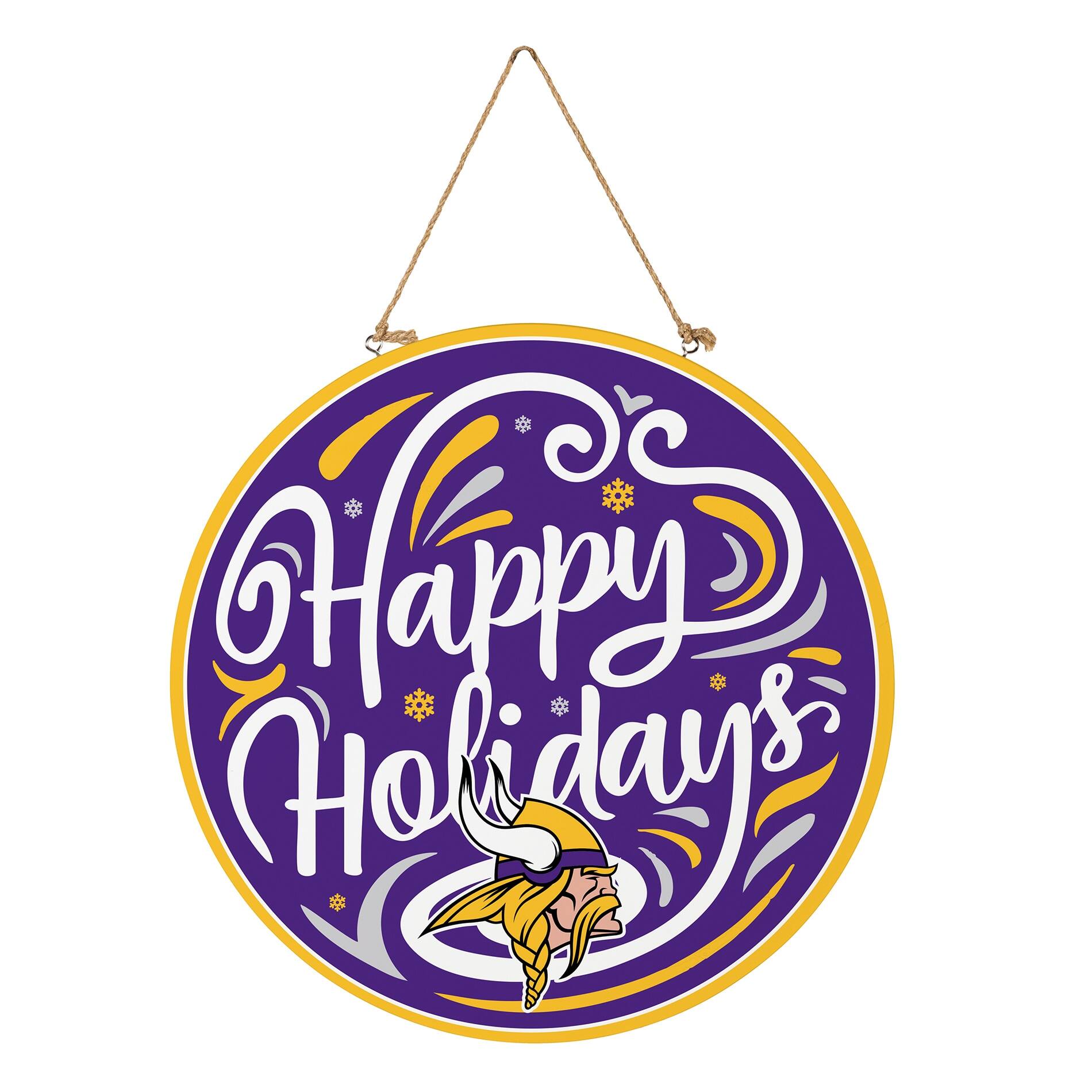 Alt View 2. Evergreen Enterprises - Minnesota Vikings 18" Happy Holidays Wooden Round Door Sign - Multicolor.