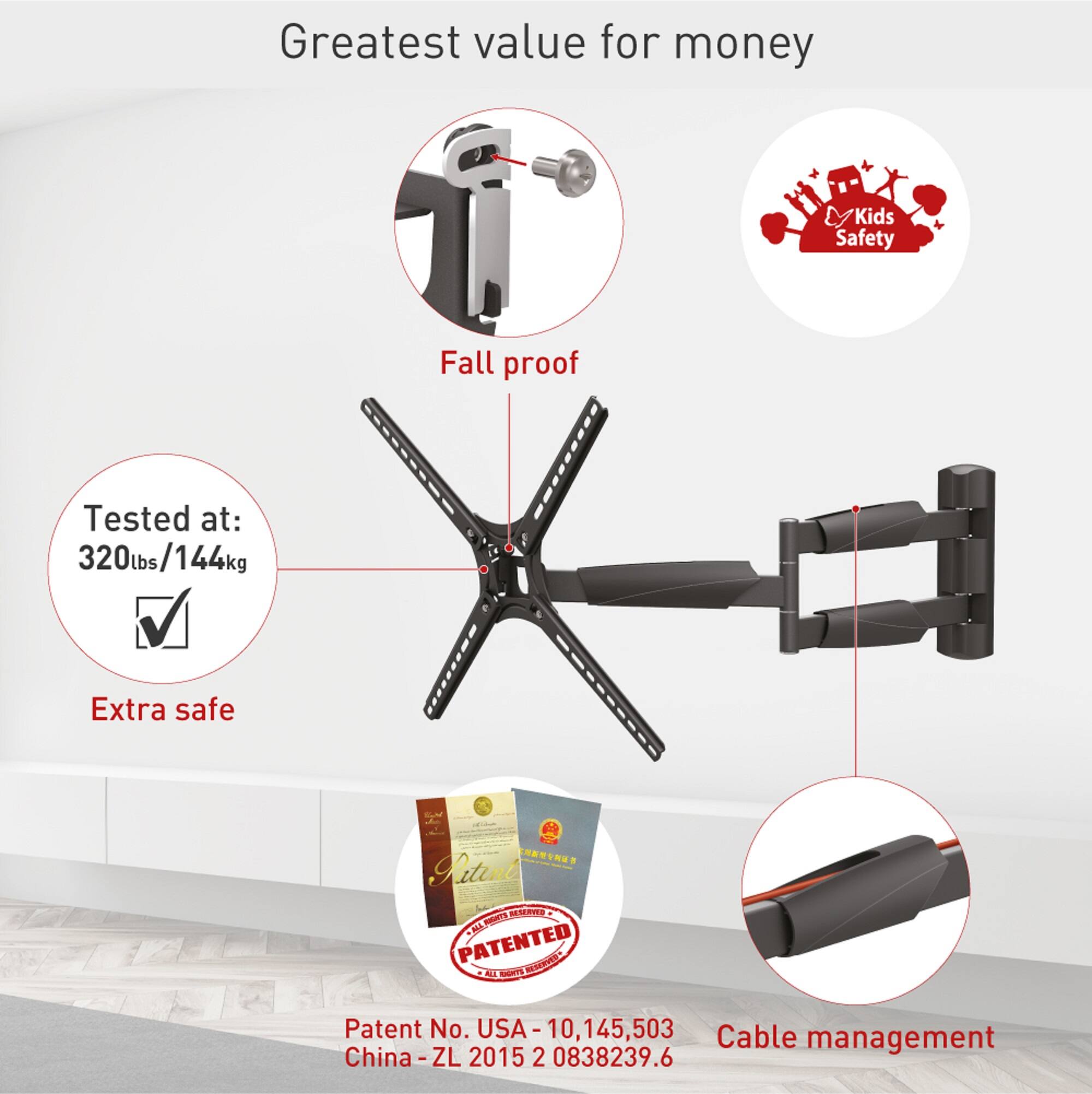 Greatest value for money  
Kids Safety  
Fall proof  
Tested at: 320lbs / 144kg  
Extra safe  

Patent No. USA - 10,145,503  
China - ZL 2015 2 0838239.6  

Cable management