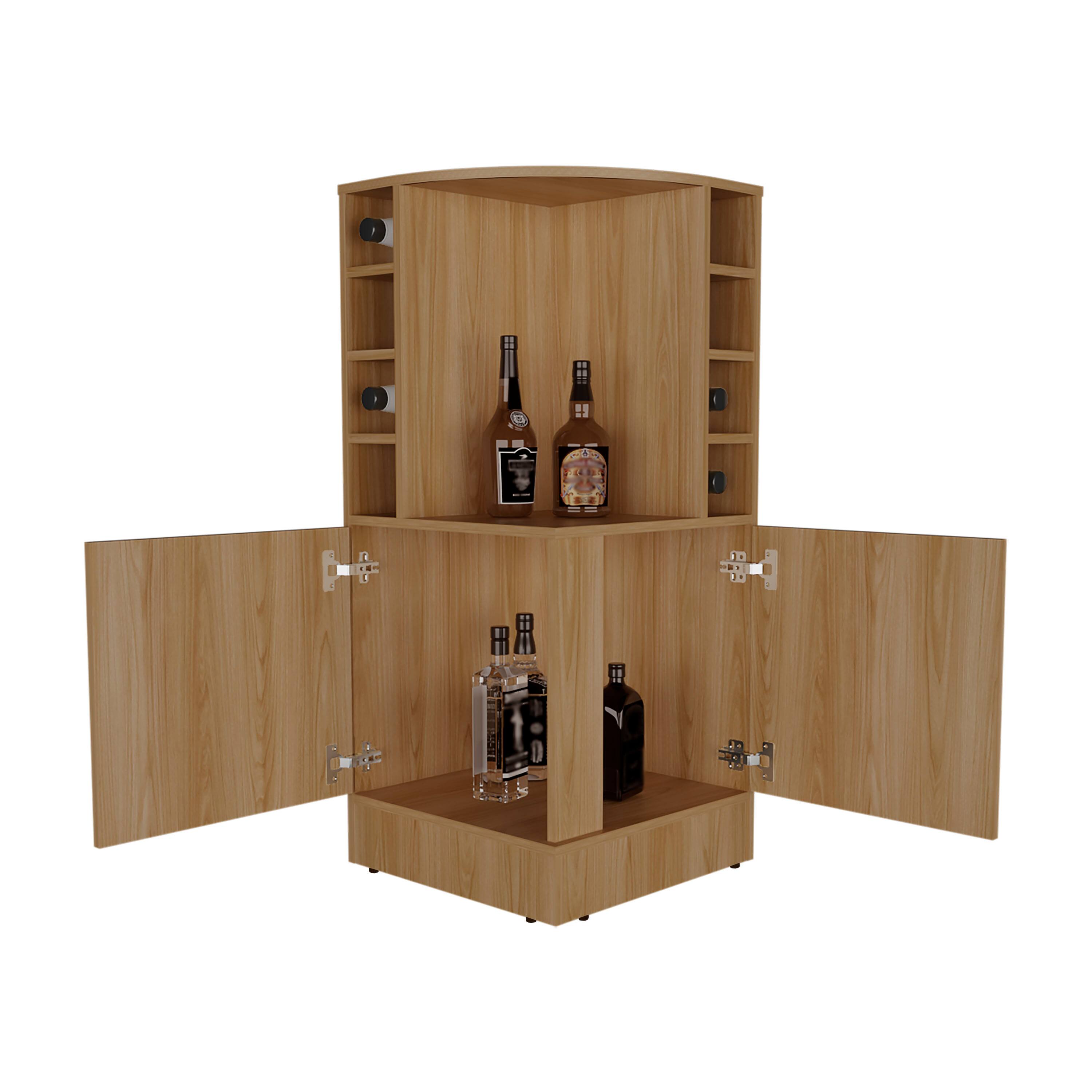 Alt View 1. TuHome - Jakes Tall Corner Bar Cabinet with Eight Wine Bottle Cubbies and Double Door Cabinet, Living Room, Liquor Cabinet. - Natural Oak.