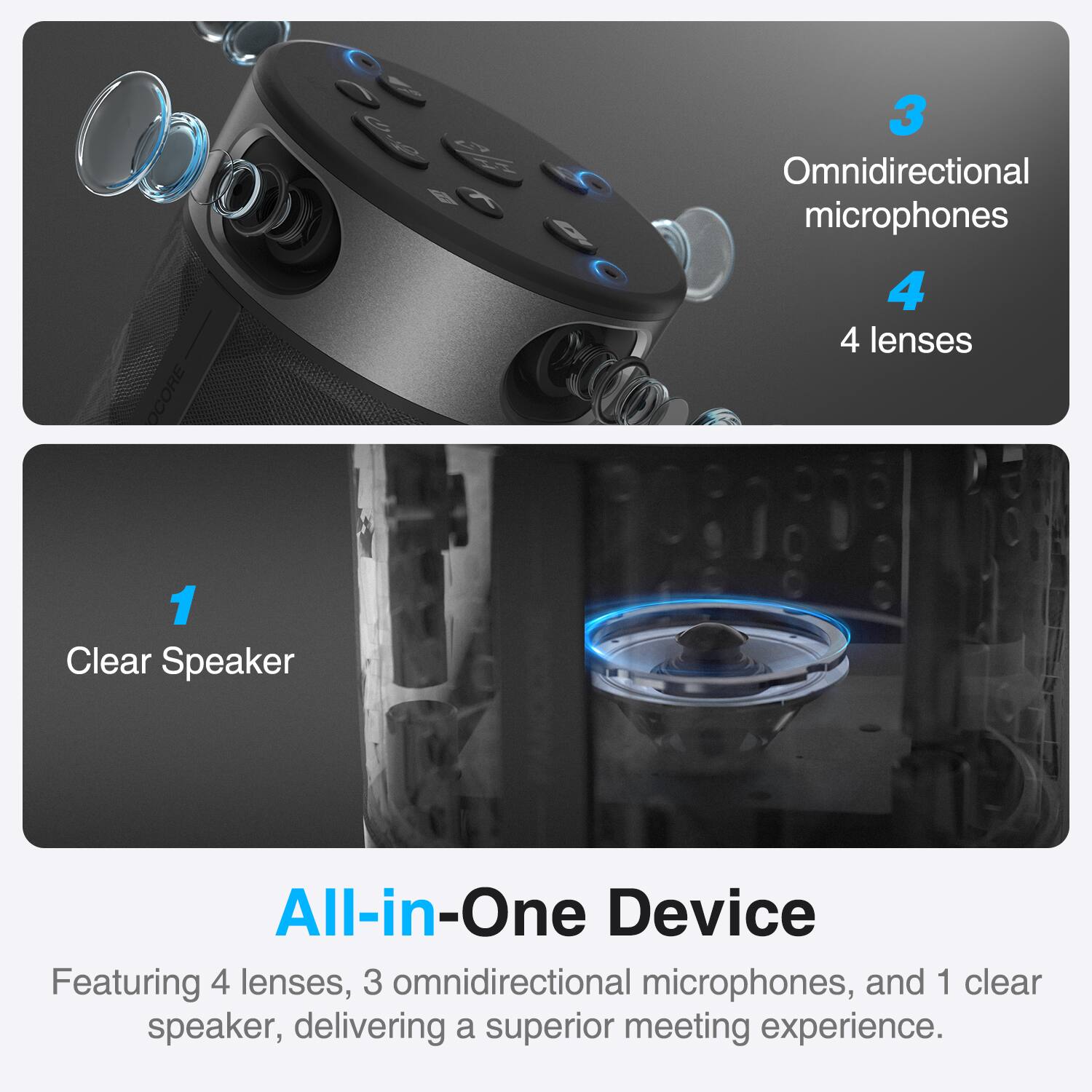 OCORE 3 Omnidirectional microphones 4 4 lenses 1 Clear Speaker All-in-One Device Featuring 4 lenses, 3 omnidirectional microphones, and 1 clear speaker, delivering a superior meeting experience.
