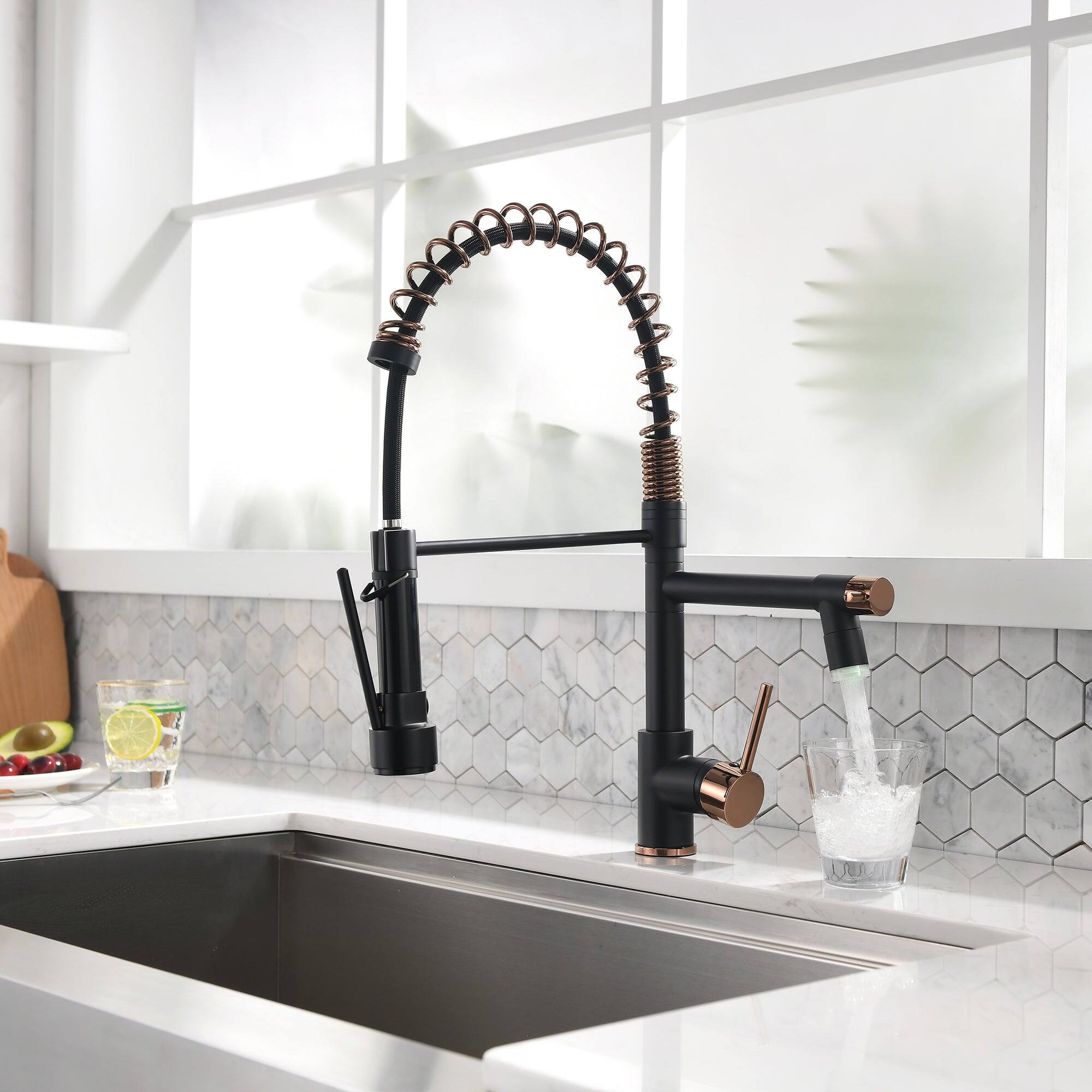 Alt View 10. Boyel Living - Matte Black Rose Gold Single Handle Pull Down Sprayer Kitchen Faucet with LED Light and Pot Filler - Matte Black Mix Rose Gold.