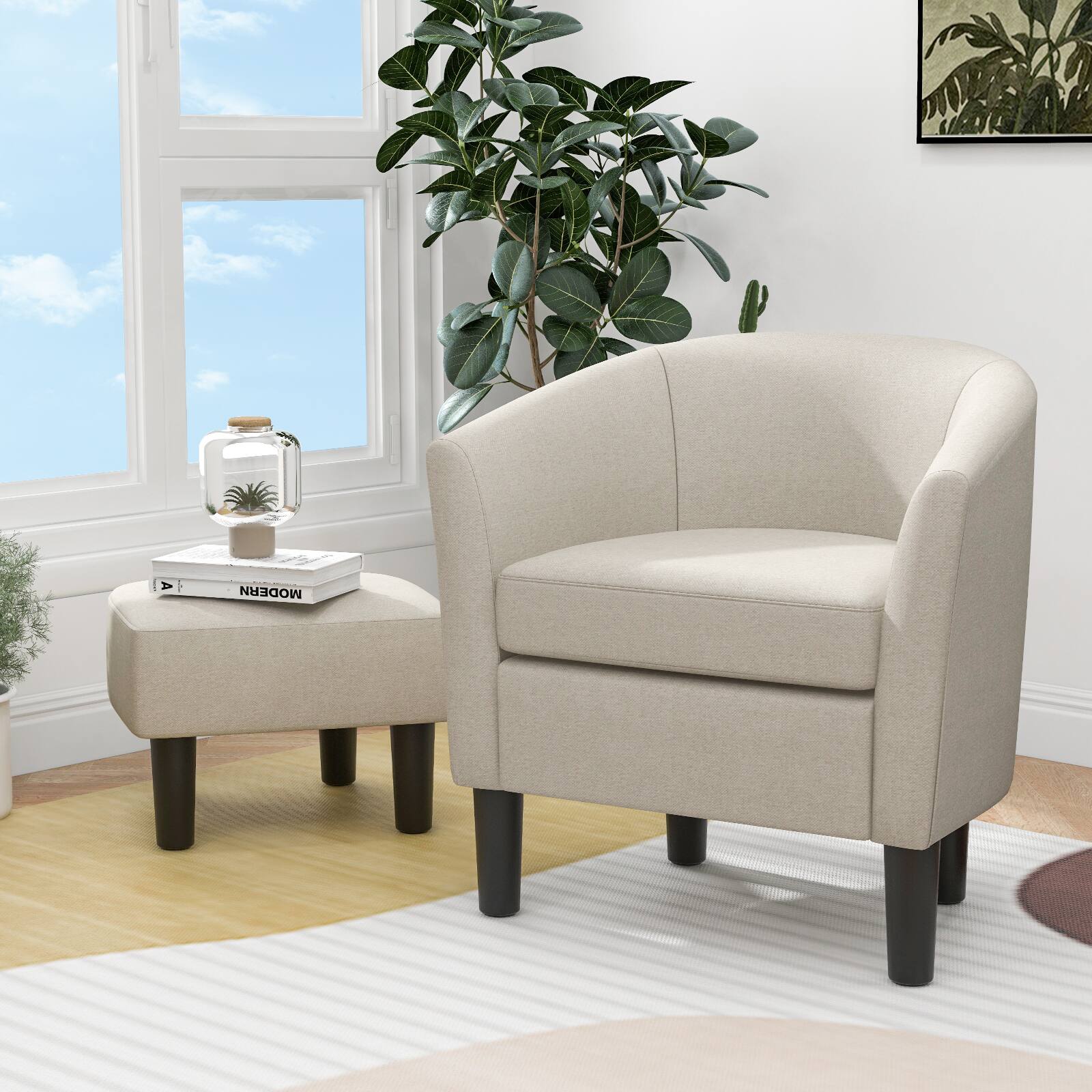 Alt View 5. Sugift - Barrel Club Chair with Ottoman Set Linen Fabric Accent Chair with Footrest - Beige/Khaki.