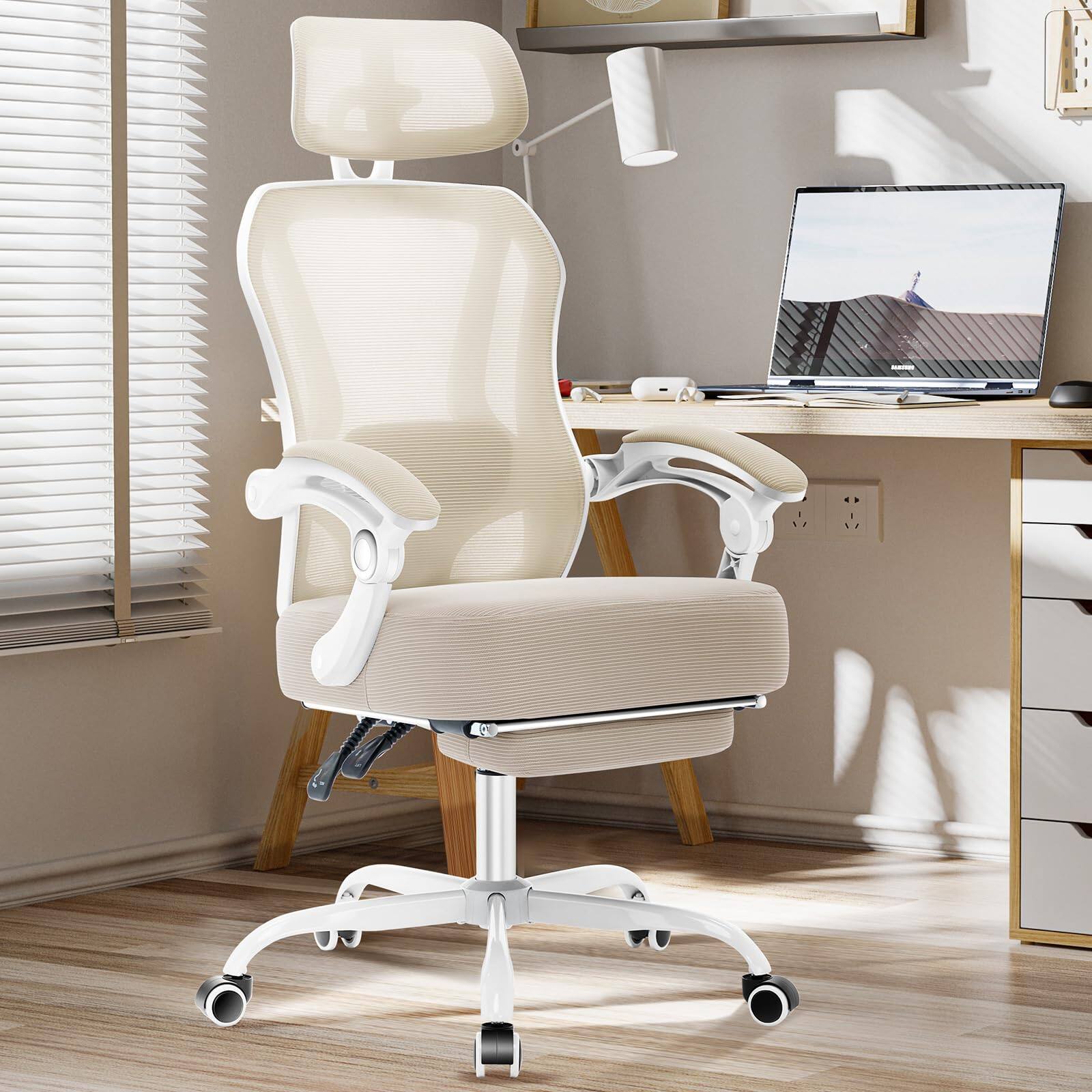 Hirose Alice - Ergonomic Office Chair with Footrest,Ultra Thick Reclining Desk Chair with Adjustable 2D Lumbar Support and - Cream