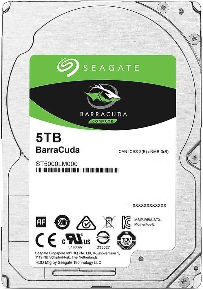 SEAGATE BARRACUDA COMPUTE 5TB  
BarraCuda  
CAN ICES-3(B)/NMB-3(B)  
ST5000LMO00  
XXXXXXXXXXXX  
MSIP-REM-STX-  
AF  
20  
KC  
Momentus-E  
CE  
E190397  
D33027  
Seagate Singapore Intl HQ Pte. Ltd,  
Koulhovenlaan 1,  
1119 NB Schiphol-Rijk, The Netherlands  
HDD Mfg by Seagate Technology LLC