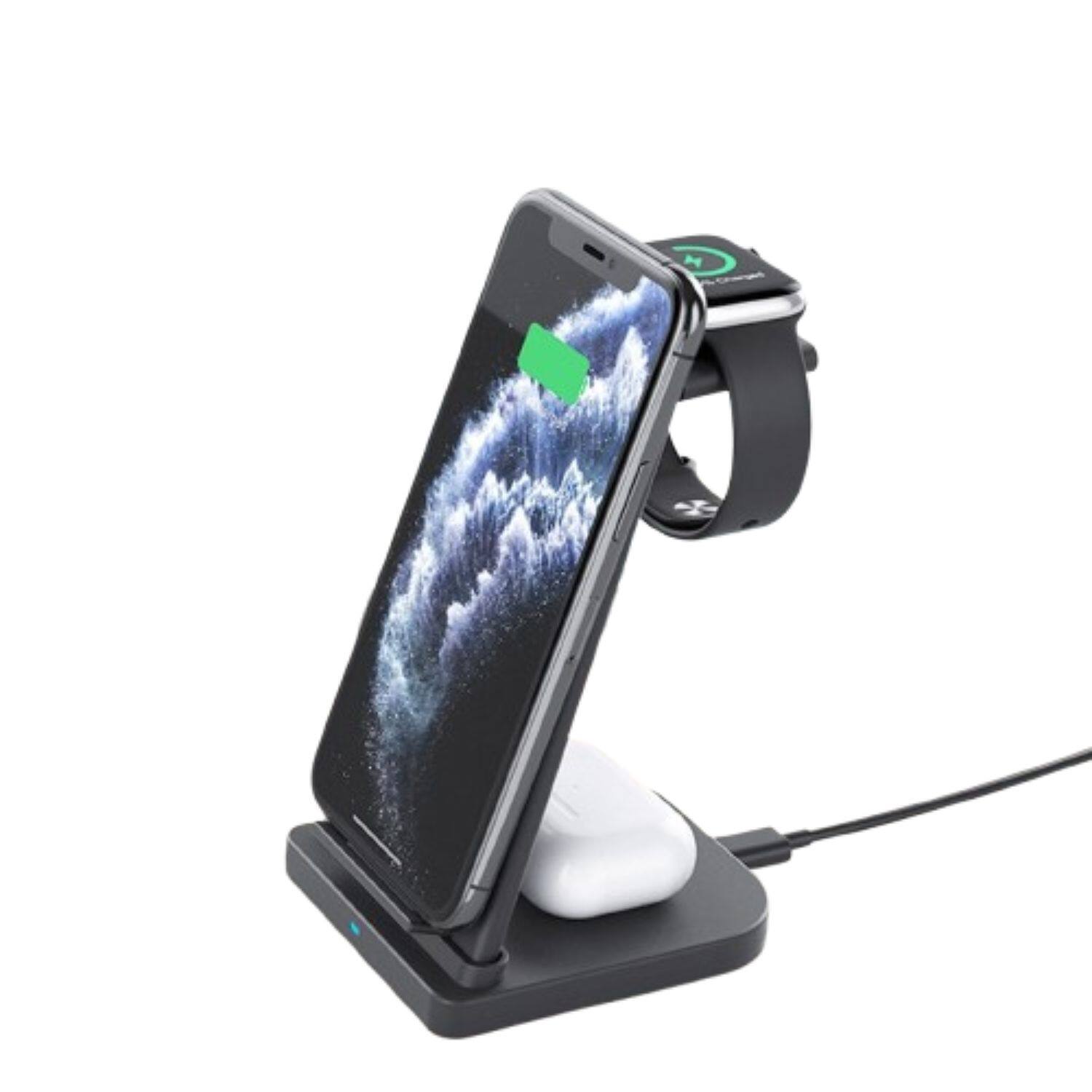 Front. Stock Preferred - 3-in-1 Wireless Charging Dock Stand for iPhone 14/13/12/11, Apple Watch & AirPods – Fast Magnetic Charger.