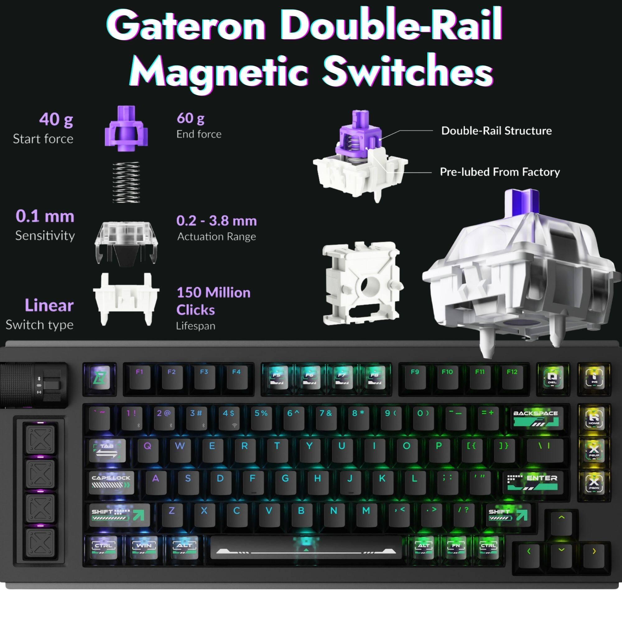 Gateron Double-Rail Magnetic Switches

- 40 g Start force
- 60 g End force
- 0.1 mm Sensitivity
- 0.2 - 3.8 mm Actuation Range
- Linear Switch type
- 150 Million Clicks Lifespan
- Double-Rail Structure
- Pre-lubed From Factory

F1 F2 F3 F4 F5 F6 F7 F8 F9 F10 F11 F12

1! 1 2 3 # 4 $ 5 % 6 ^ 7 & 8 * 9 ( 0 ) - = Backspace

Tab Q W E R T Y U I O P [ ] \

A S D F G H J K L ; ' Enter

Shift Z X C V B N M , . / Shift

Ctrl Win Alt Space