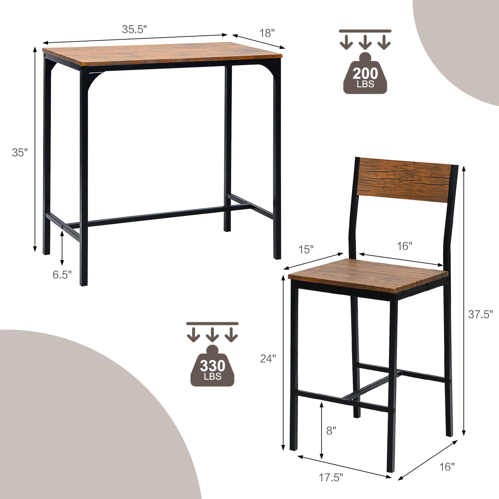 Table: 35.5", 18", 200 LBS, 35", 6.5"

Chair: 37.5", 15", 16", 24", 8", 17.5", 16", 330 LBS