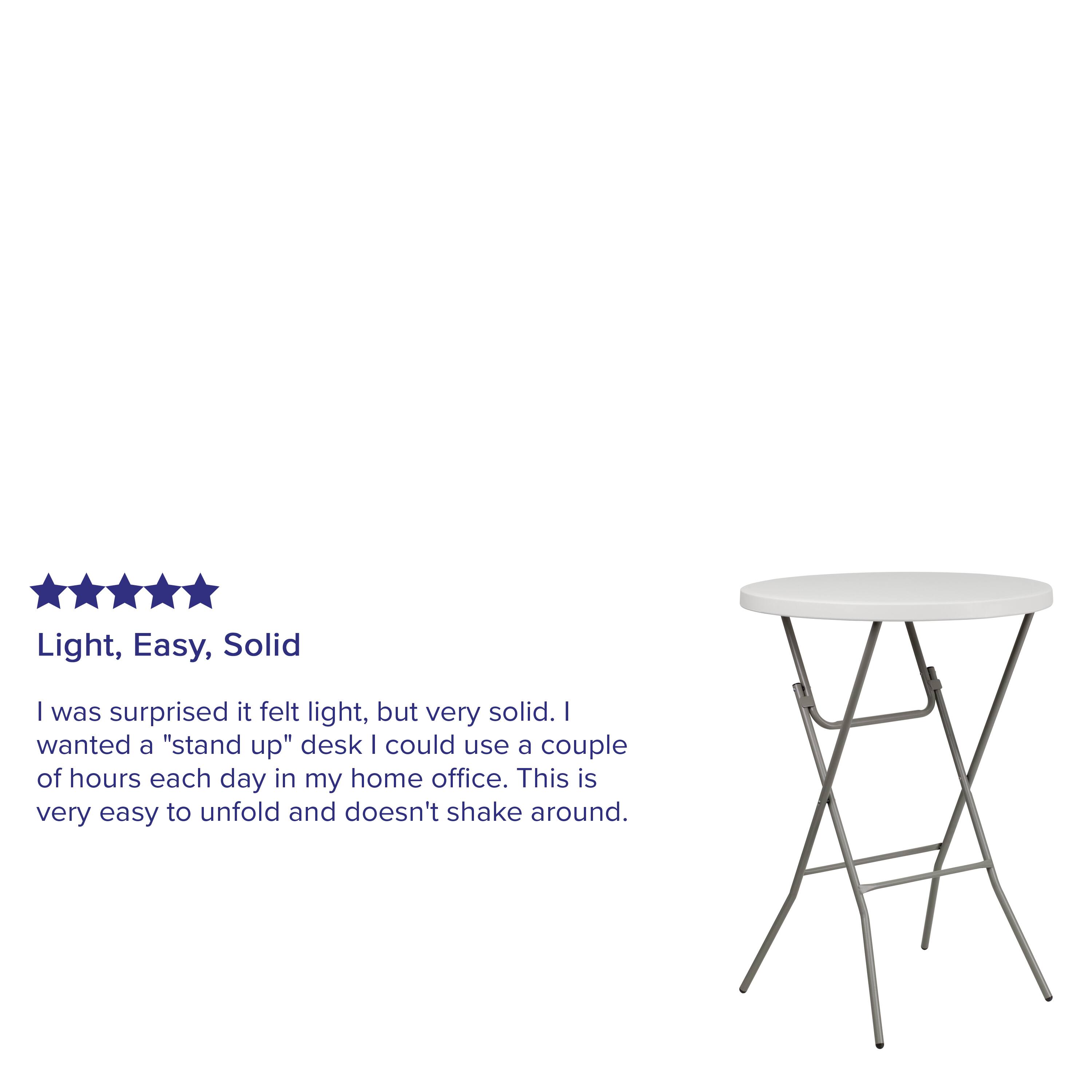 Light, Easy, Solid

I was surprised it felt light, but very solid. I wanted a "stand up" desk I could use a couple of hours each day in my home office. This is very easy to unfold and doesn't shake around.