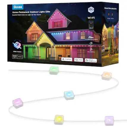 Govee Permanent Outdoor Lights Elite is a durable, multi-colored lighting solution that can be used to illuminate your outdoor space. The lights are Wi-Fi enhanced, providing a 100-foot range and enhanced brightness. They are compatible with both Alexa and Google Home, making them a smart lighting option. The lights come with a 28-foot extension cord, allowing you to place them at a distance from your home. With a total of 2880lm of brightness, these lights are perfect for lighting up your outdoor space and creating a cozy atmosphere.
