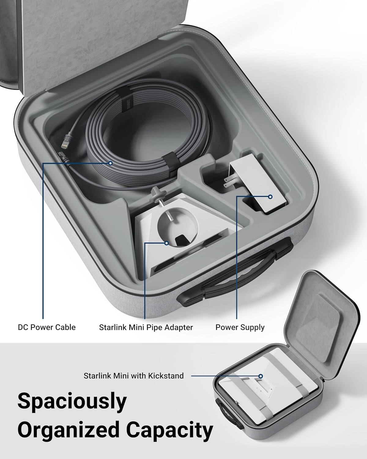 DC Power Cable  
Starlink Mini Pipe Adapter  
Power Supply  

Starlink Mini with Kickstand  

Spaciously Organized Capacity