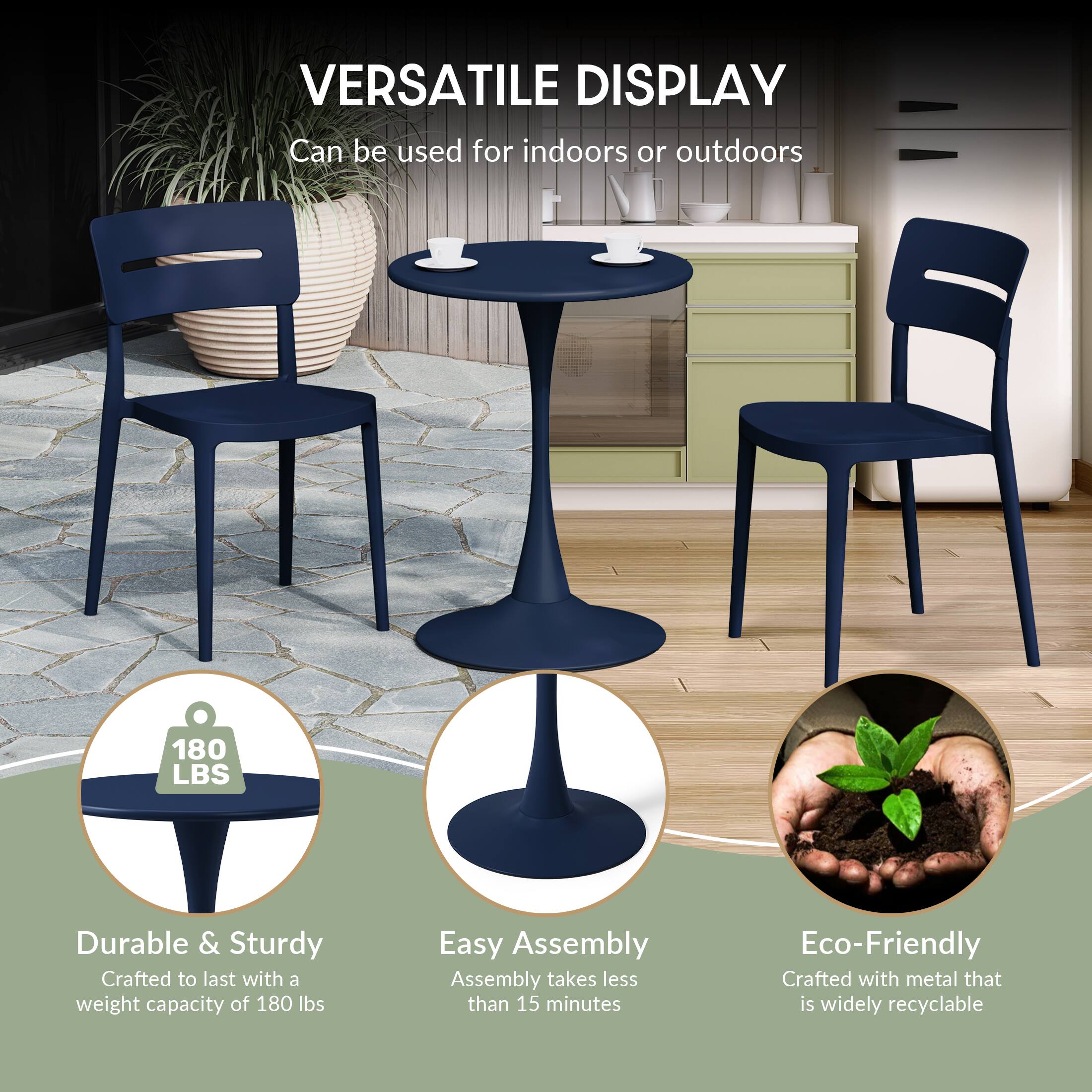 VERSATILE DISPLAY  
Can be used for indoors or outdoors  

180 LBS  
Durable & Sturdy  
Crafted to last with a weight capacity of 180 lbs  

Easy Assembly  
Assembly takes less than 15 minutes  

Eco-Friendly  
Crafted with metal that is widely recyclable