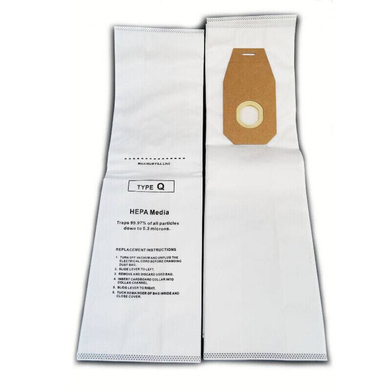 Sure, here is the corrected and grouped text:

---

**HEPA Media**

Traps 99.97% of all particles down to 0.3 microns.

**REPLACEMENT INSTRUCTIONS**

1. TURN OFF AND REMOVE THE ELECTRIC CORD BEFORE CHANGING.
2. DUST BAG.
3. REMOVE AND DISCARD USED BAG.
4. INSERT CARDBOARD COLLAR INTO COLLAR CHANNEL.
5. TURN LEVER TO RIGHT.
6. TUCK REMAINDER OF BAG INSIDE AND CLOSE COVER.

---

**TYPE Q**