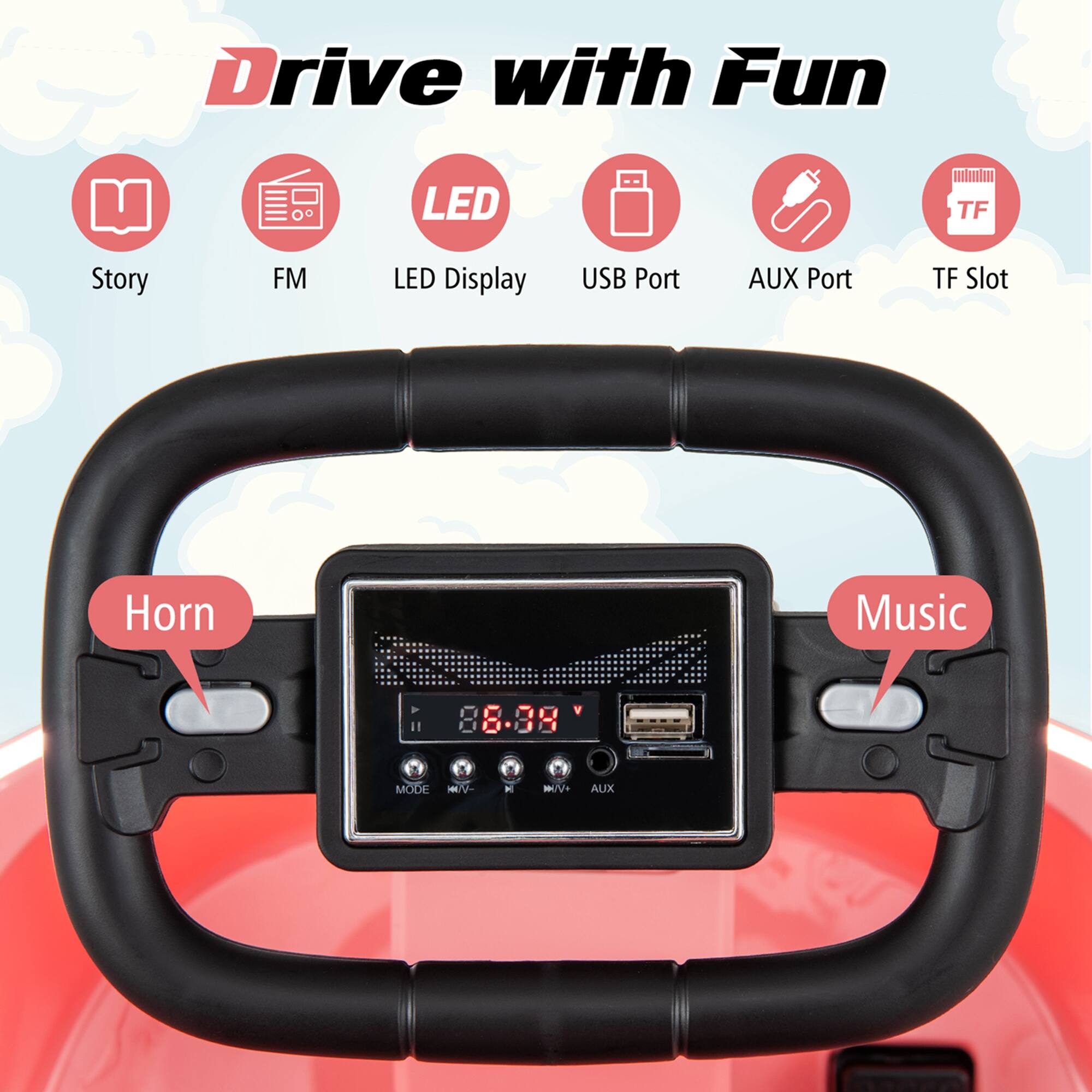 Drive with Fun

- Story
- FM
- LED Display
- USB Port
- AUX Port
- TF Slot

Horn

Music

88.38

MODE V N M/V+ AUX