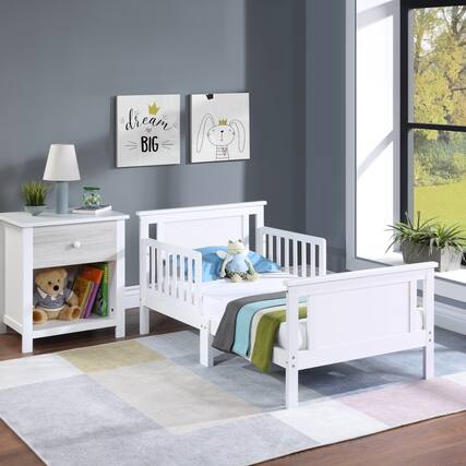 Front. GOODSILO - Reversible Panel Toddler Bed with Dual-Tone Finish for Growing Children, Solid Wood Construction - White.