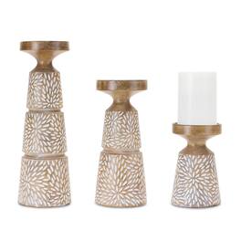 BreeBe - Etched Candle Holder with Wood Grain Design (Set of 3) - Brown, White