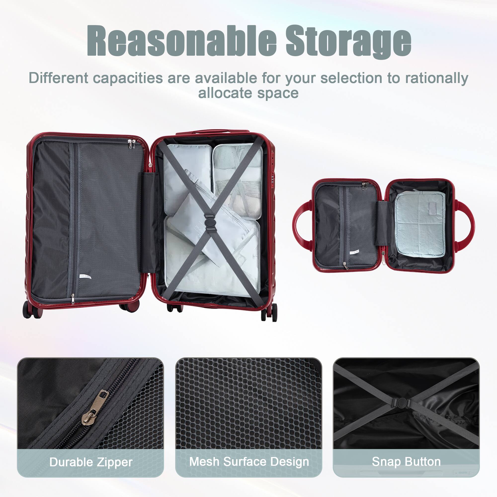Reasonable Storage  
Different capacities are available for your selection to rationally allocate space

- Durable Zipper
- Mesh Surface Design
- Snap Button