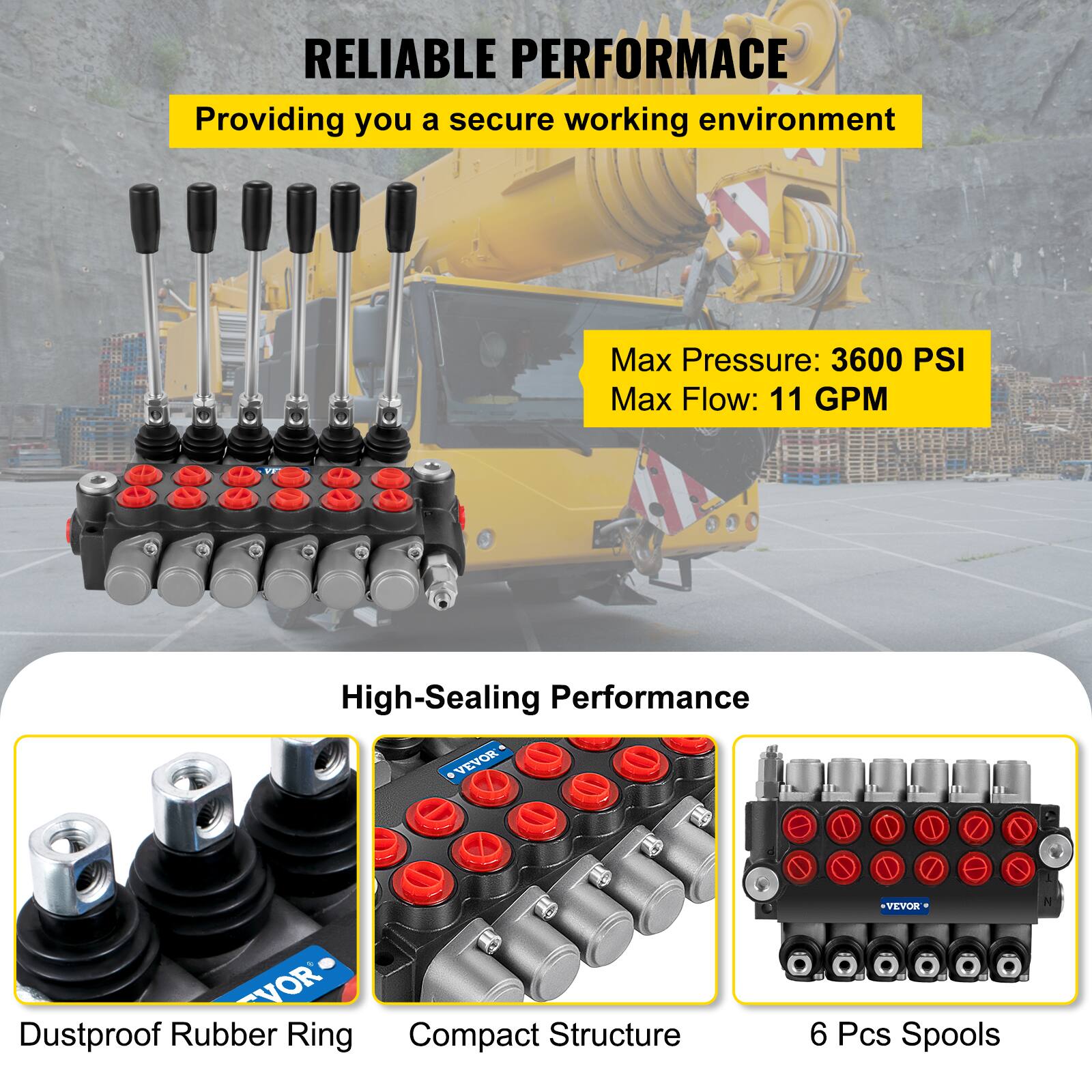 RELIABLE PERFORMANCE  
Providing you a secure working environment  

Max Pressure: 3600 PSI  
Max Flow: 11 GPM  

High-Sealing Performance  
Dustproof Rubber Ring  
Compact Structure  
6 Pcs Spools