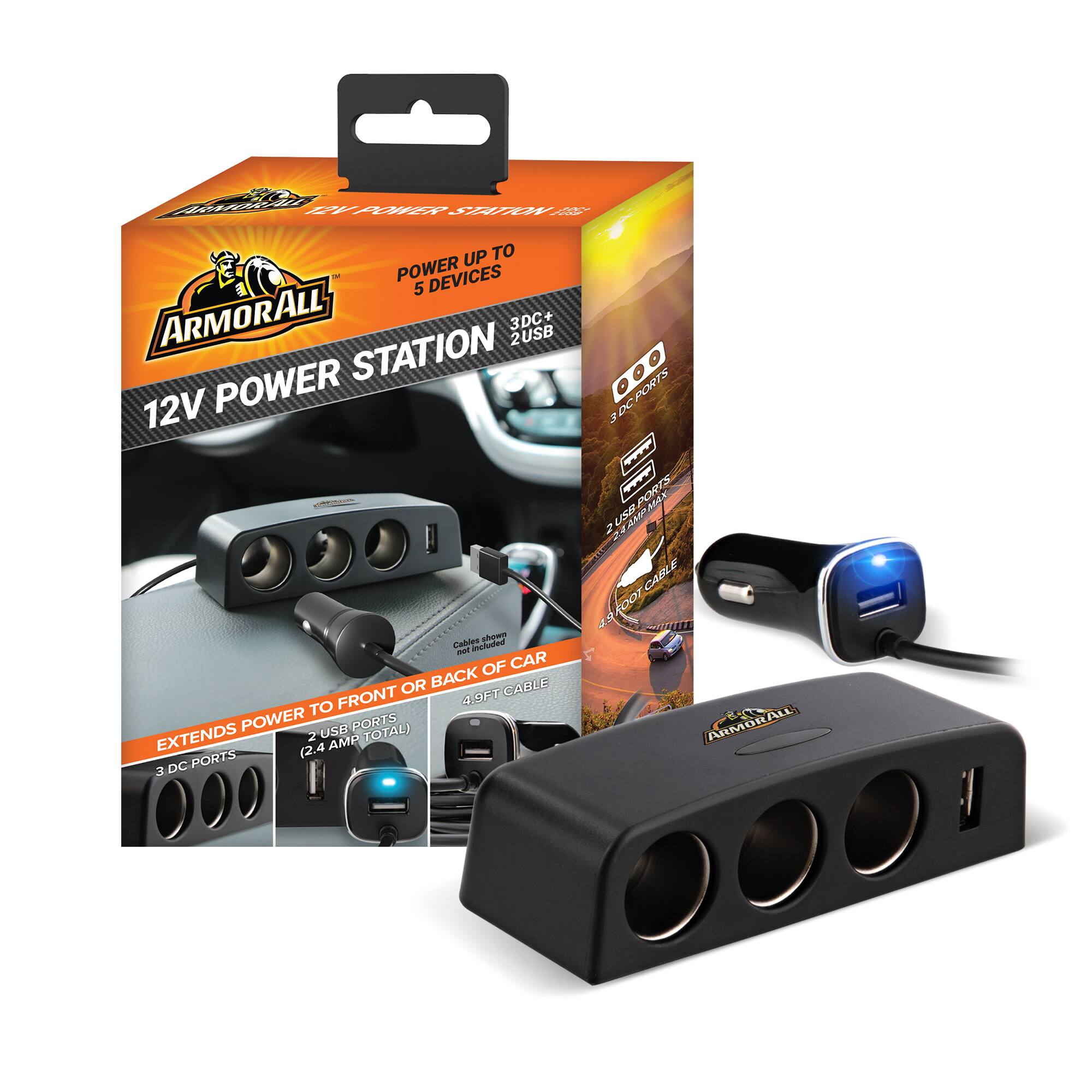 A 2 AIS SW -- UP TO 5 ARMORALL 3DC+ 2USB STATION 12V POWER malipa ig_tor - incaded OF CAR OR BACK CARLE FRONT ADFT TO POWER USB PORTS EXTENDS 2 AMP TOTAL) PORTS (2.4 3 DC PORTS DC 3 T F RTS LSILPORTS A ADAX LOM L AA 2 2 CABLE 100 R TE ALL ARR