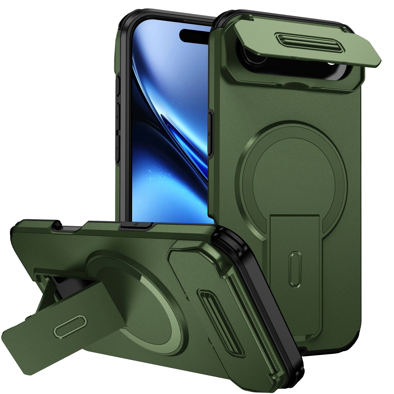 Front. Dteck - Magnetic Case for Apple iPhone Air 2025 with Flip Camera Lens Cover,Qi Wireless Charging,Rugged Stand Shockproof Shell - Green.