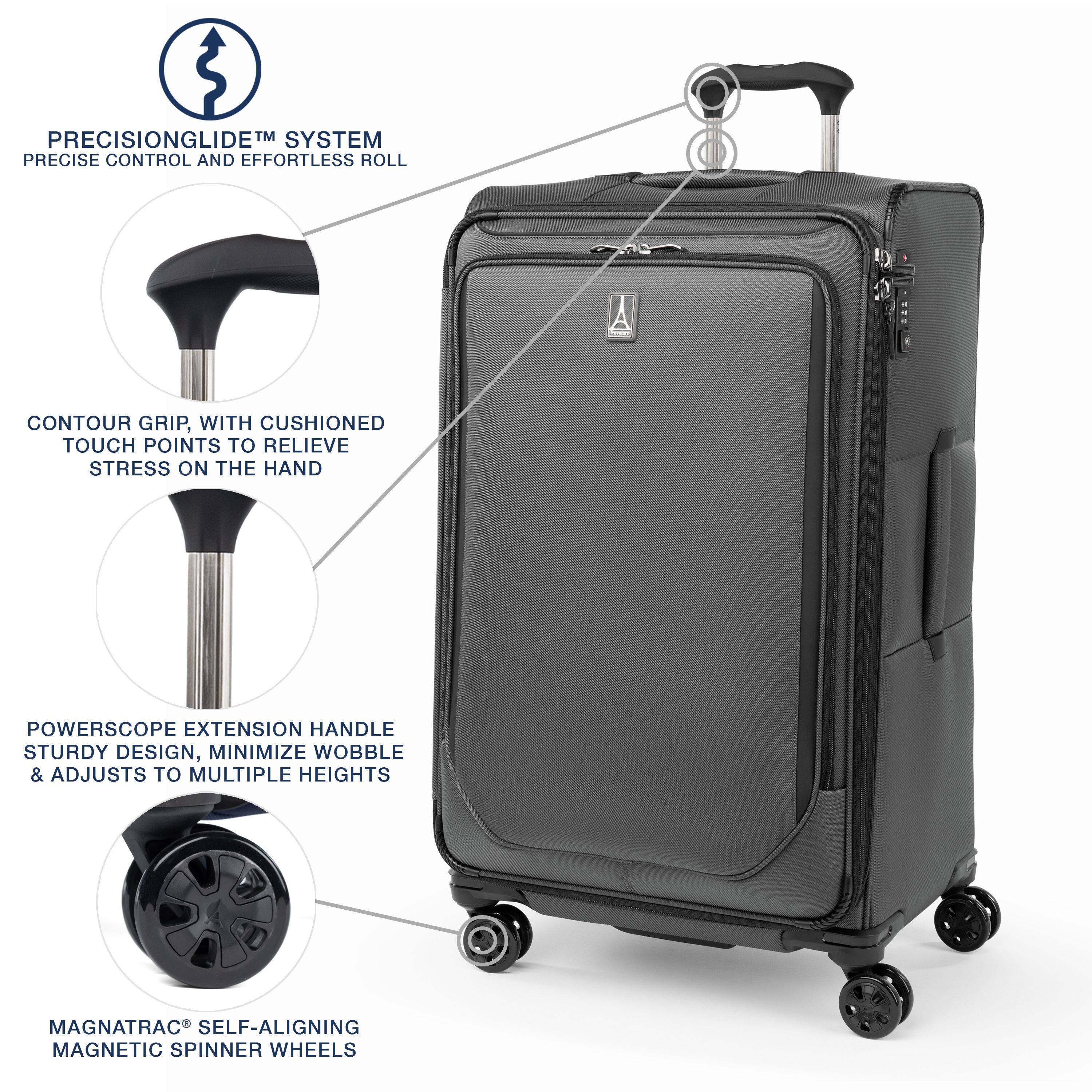 PRECISIONGLIDE™ SYSTEM  
PRECISE CONTROL AND EFFORTLESS ROLL  

CONTOUR GRIP WITH CUSHIONED TOUCH POINTS TO RELIEVE STRESS ON THE HAND  

POWERSCOPE EXTENSION HANDLE  
STURDY DESIGN, MINIMIZE WOBBLE & ADJUSTS TO MULTIPLE HEIGHTS  

MAGNATRAC® SELF-ALIGNING MAGNETIC SPINNER WHEELS