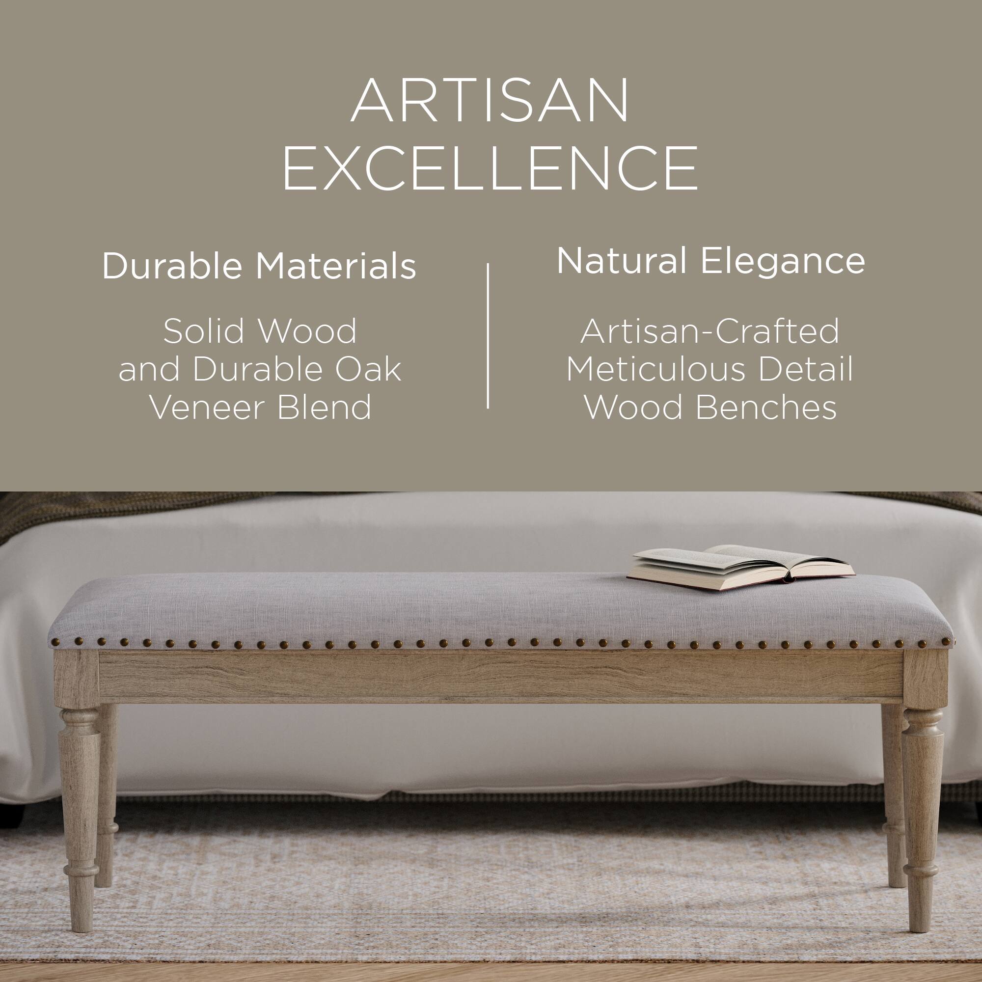 ARTISAN EXCELLENCE

Durable Materials  
Solid Wood and Durable Oak Veneer Blend

Natural Elegance  
Artisan-Crafted Meticulous Detail Wood Benches