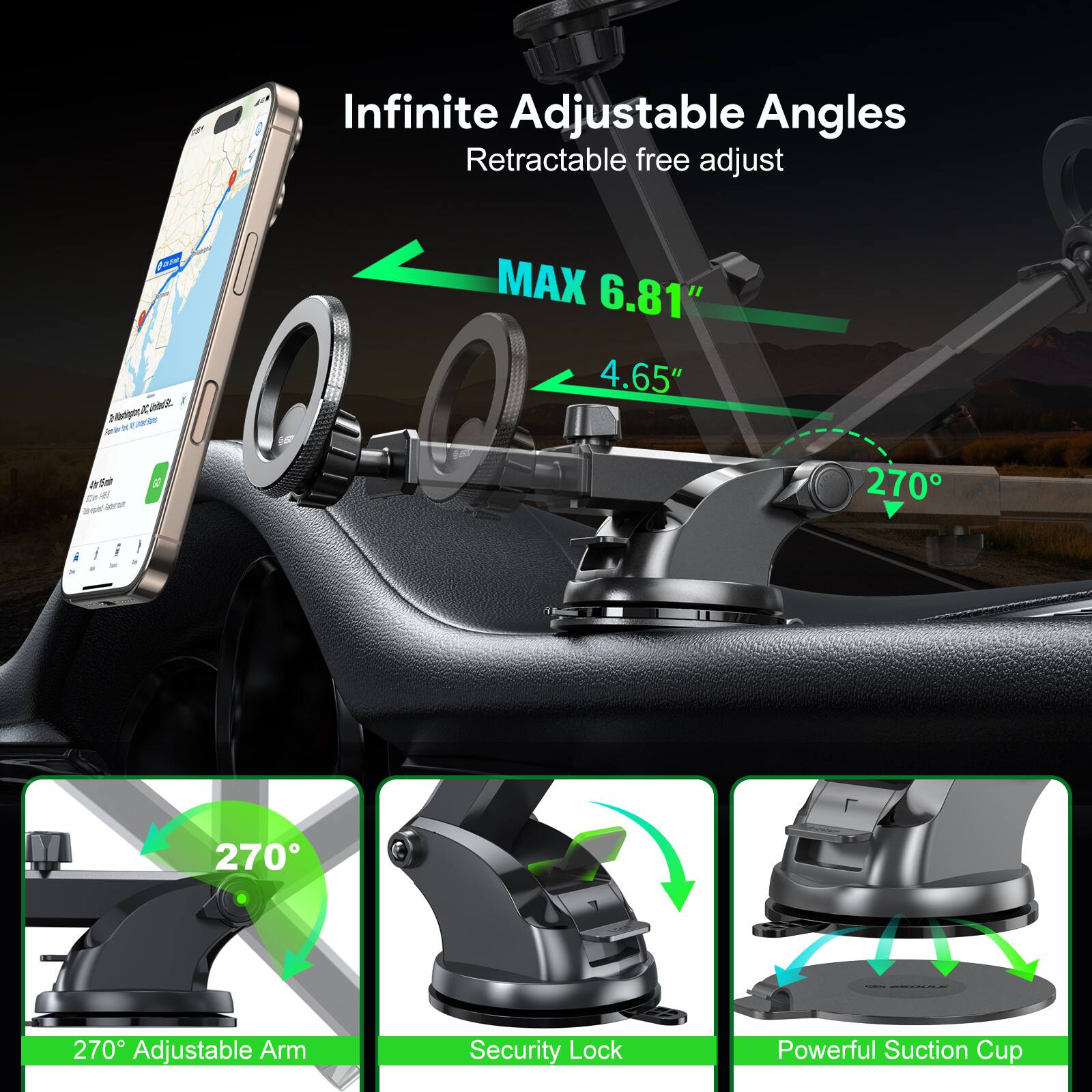 Infinite Adjustable Angles Retractable free adjust at MAX 6.81" 4.65" 270° Adjustable Arm Security Lock Powerful Suction Cup