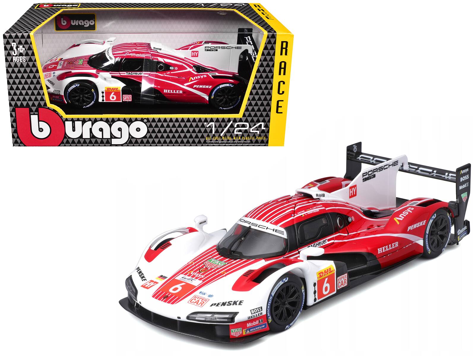 Bburago - Porsche 963 #6 Estre Lotterer Vanthoor Porsche Penske Motorsport 2024 FIA WEC Winner 1:24 Diecast Model Car - Red and White