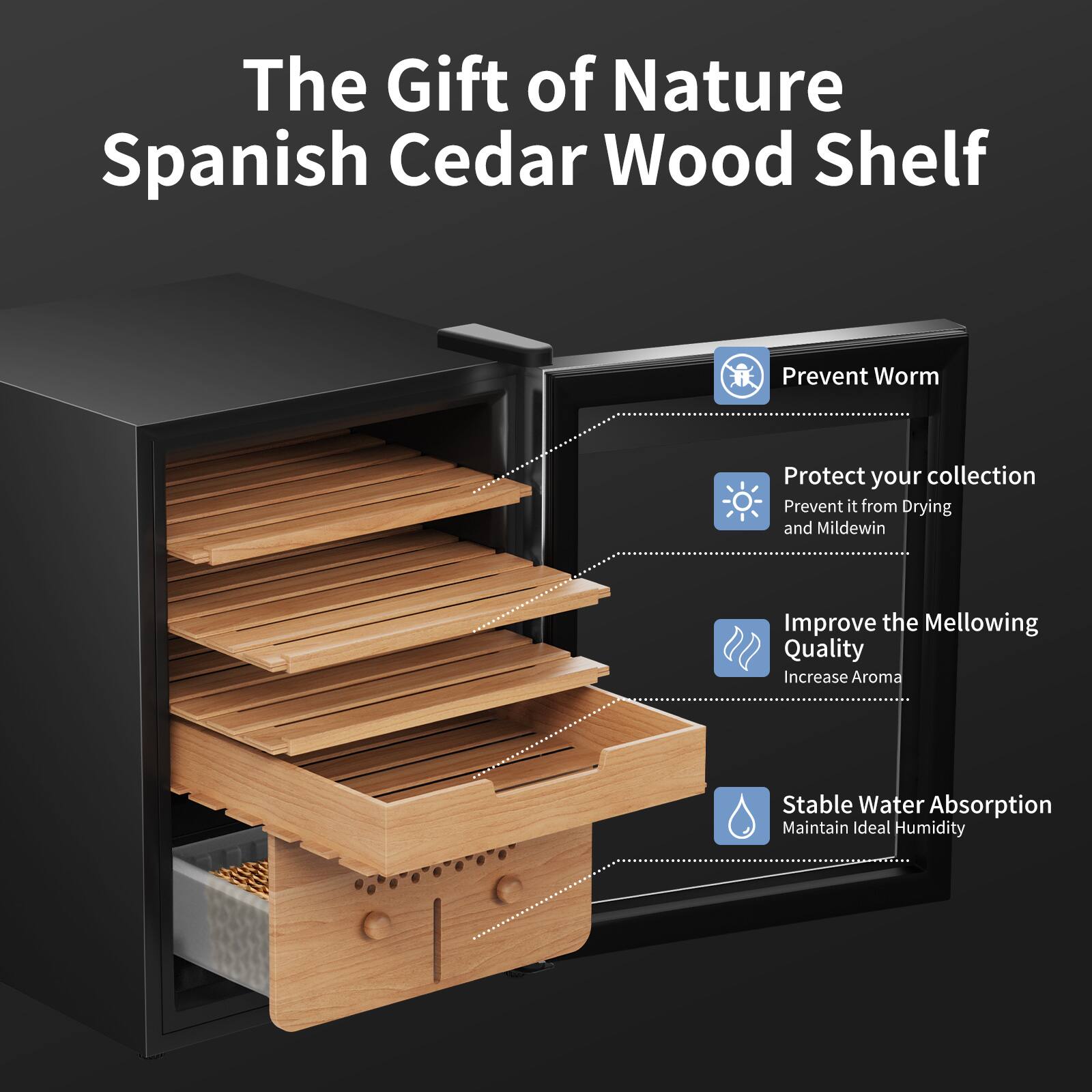 The Gift of Nature Spanish Cedar Wood Shelf

- Prevent Worm
- Protect your collection
  - Prevent it from Drying and Mildew
- Improve the Mellowing Quality
  - Increase Aroma
- Stable Water Absorption
  - Maintain Ideal Humidity