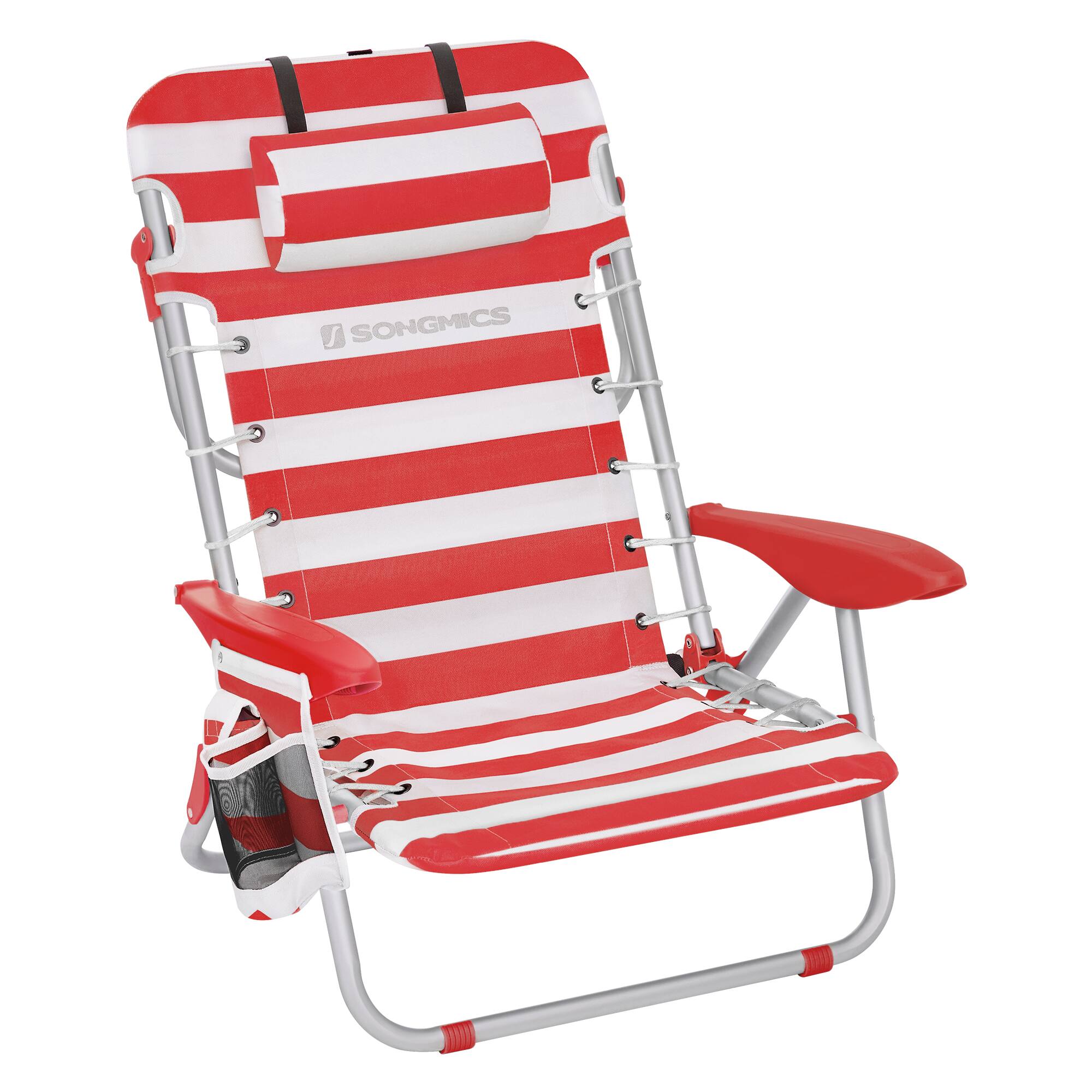 Front. Songmics Home - Portable Backpack Beach Chair, 331 lb Capacity, 4 Angles Adjustable Backrest, 2 Side Pockets, Towel Bar - Red and White.