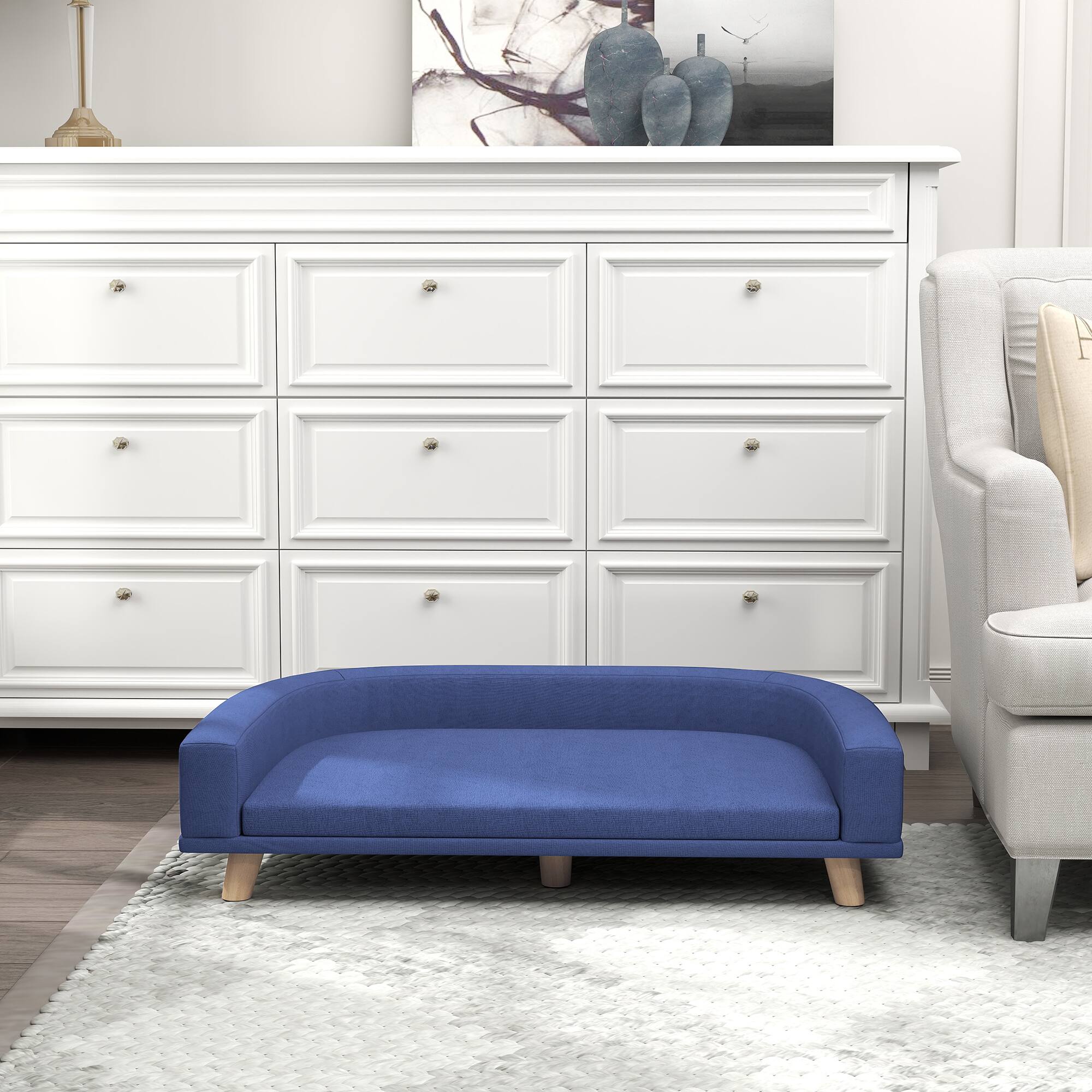 Alt View 4. Pawhut - Sofa Couch, Pet Bed with Comfortable Cushion, Washable Cover, Wooden Legs, Large Dogs, Cats, Kittens - Blue.