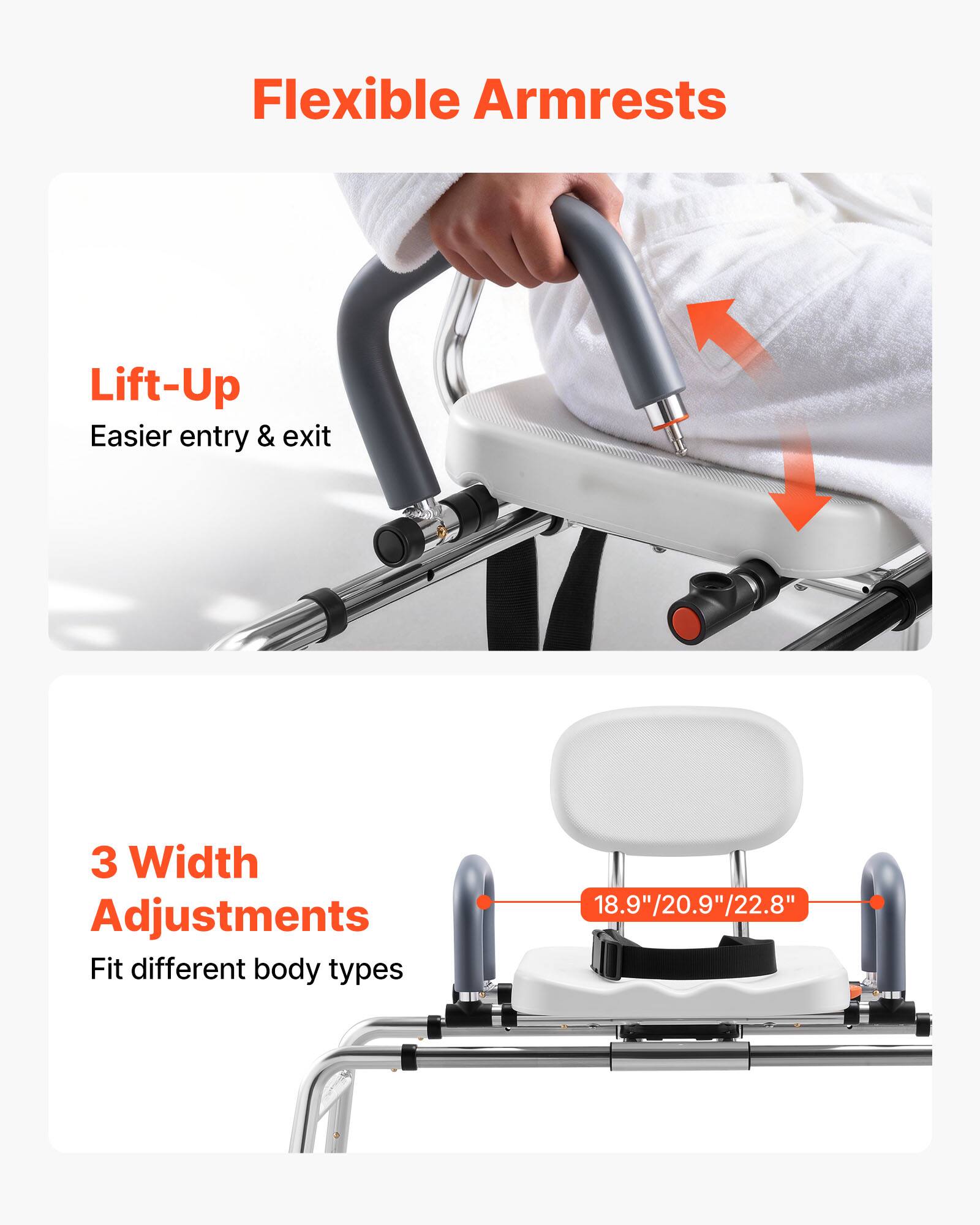 Flexible Armrests  
Lift-Up  
Easier entry & exit  
3 Width Adjustments  
Fit different body types  
18.9"/20.9"/22.8"