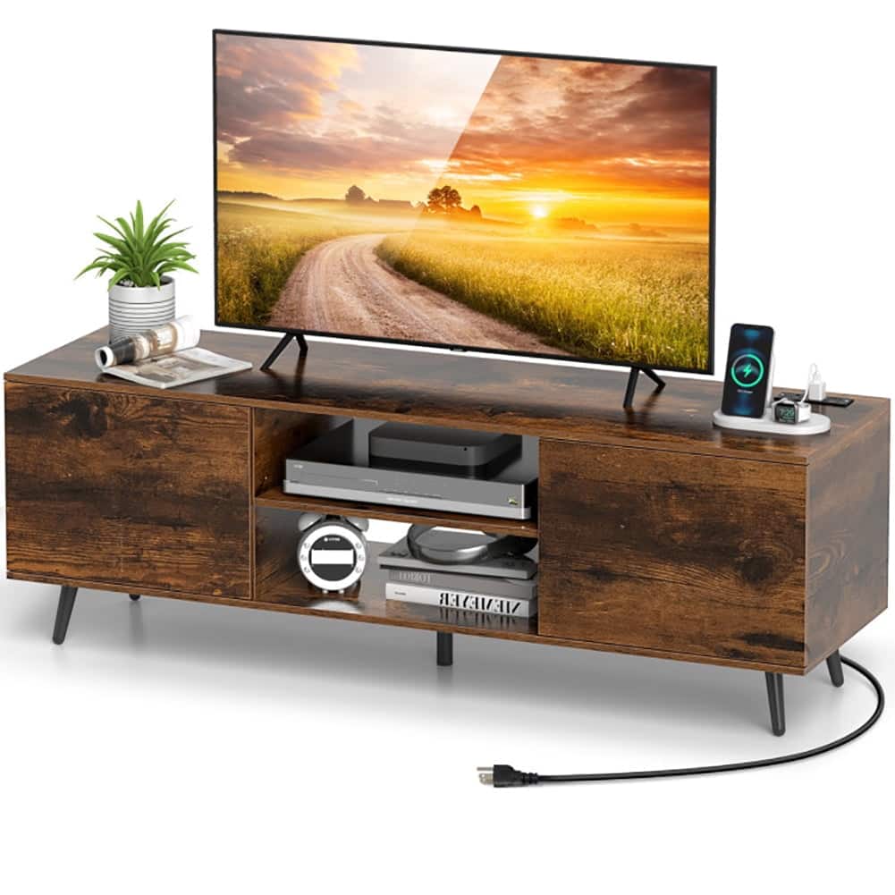 Pefilos - TV Stand with Power Outlets and Adjustable Shelf for 60 Inch TVs, Entertainment Center, Rustic TV Cabinet - Brown