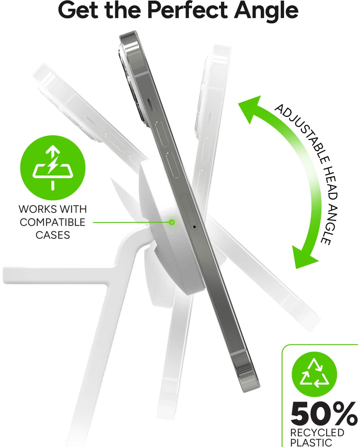 Get the Perfect Angle: Works with Compatible Cases, Adjustable Head Angle, 50% Recycled Plastic.