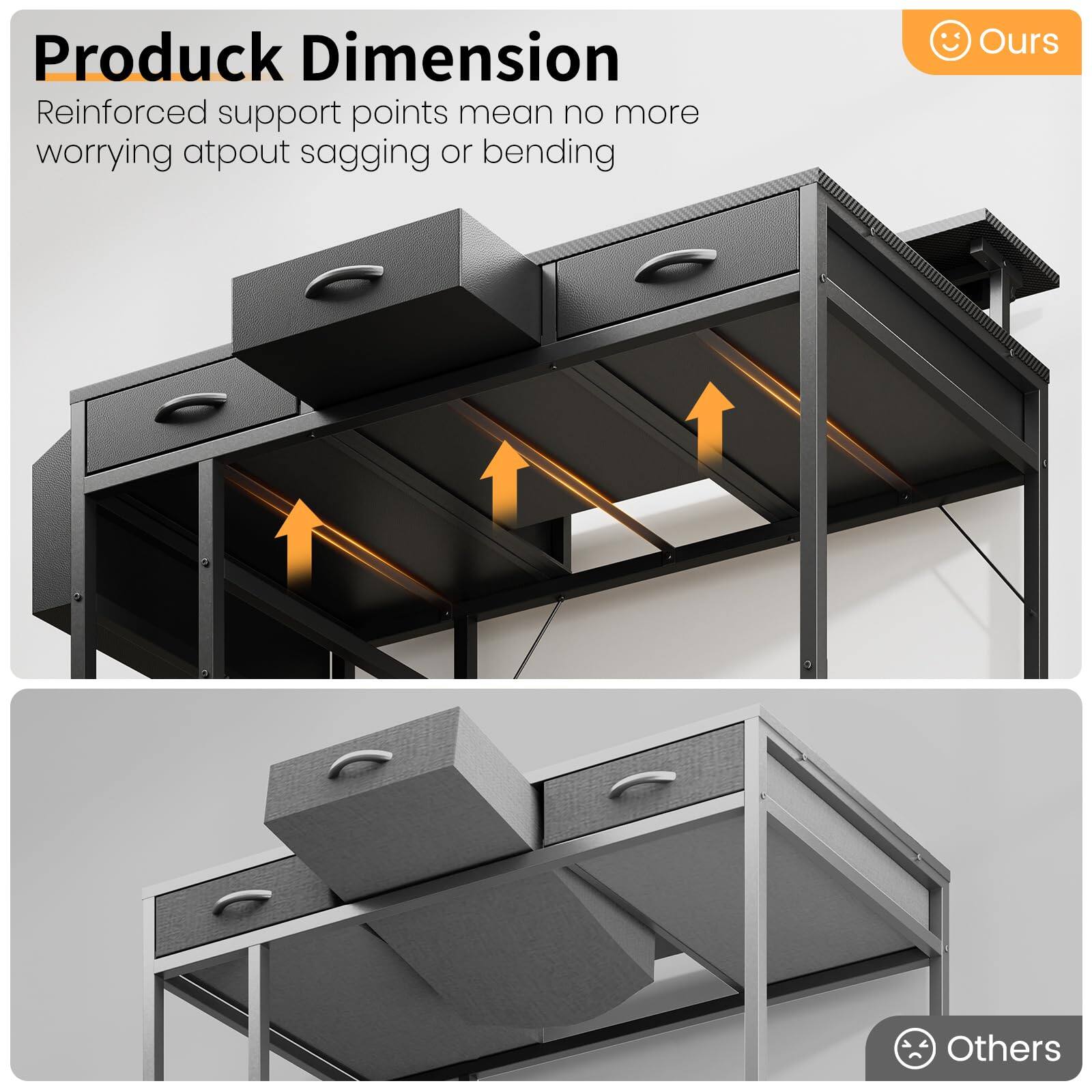 **Produck Dimension**

Reinforced support points mean no more worrying about sagging or bending

- **Ours**
- **Others**