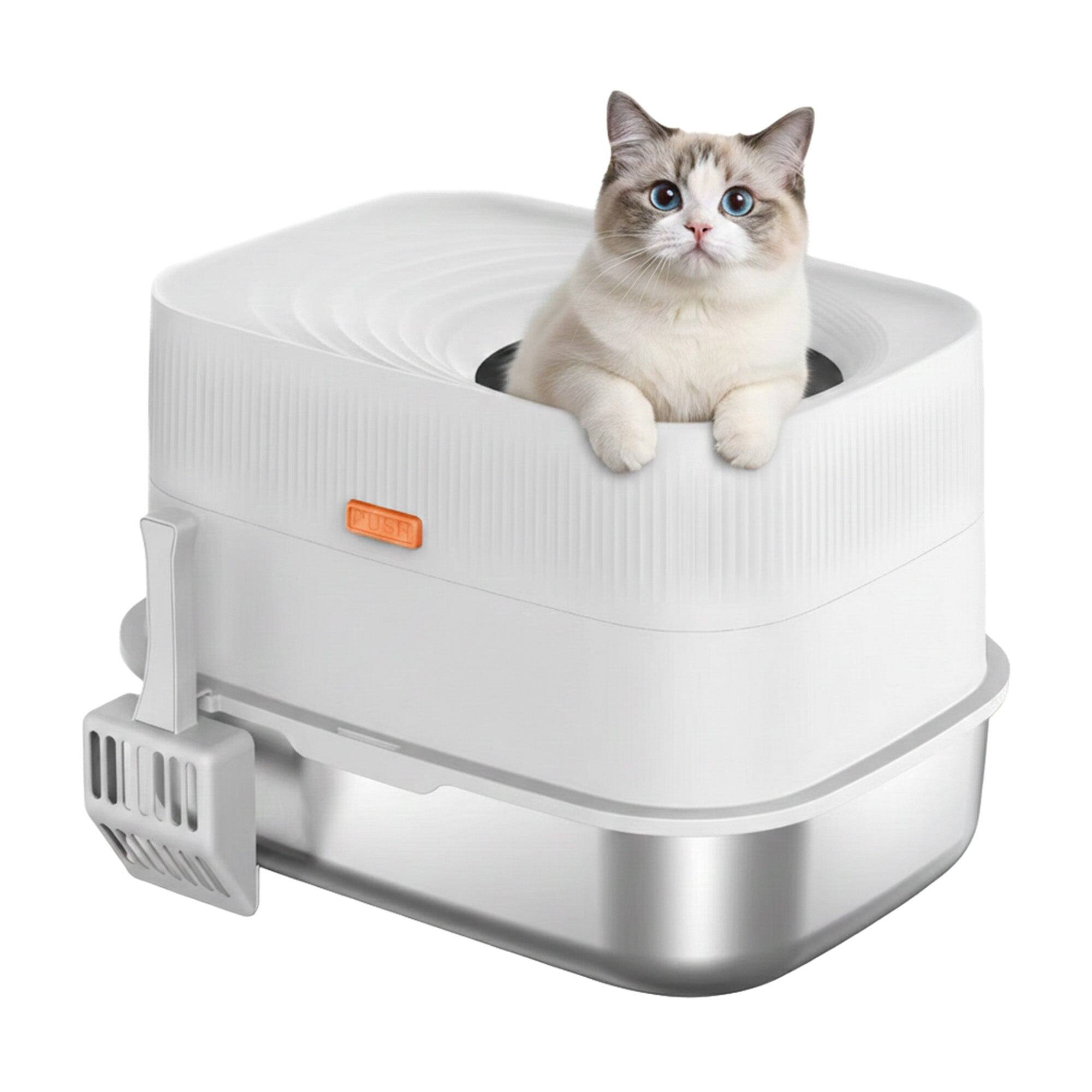Front. PawsPik - PawsPik Stainless Steel Top Entry Cat Litter Box & Scooper, Gray, X-Large - white.