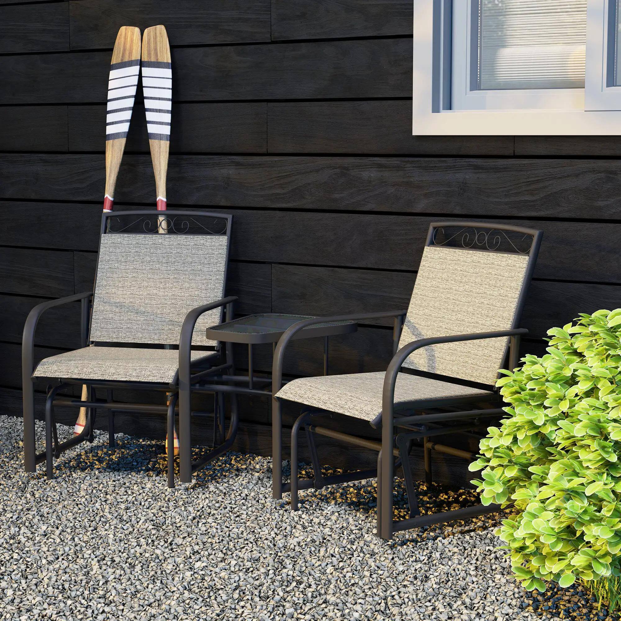 Back. Resenkos - Resenkos Patio Glider Chairs with Coffee Table, 2-Seat Swing Rocker, Breathable Sling, Outdoor Backyard Relaxation, Gray - Gray.