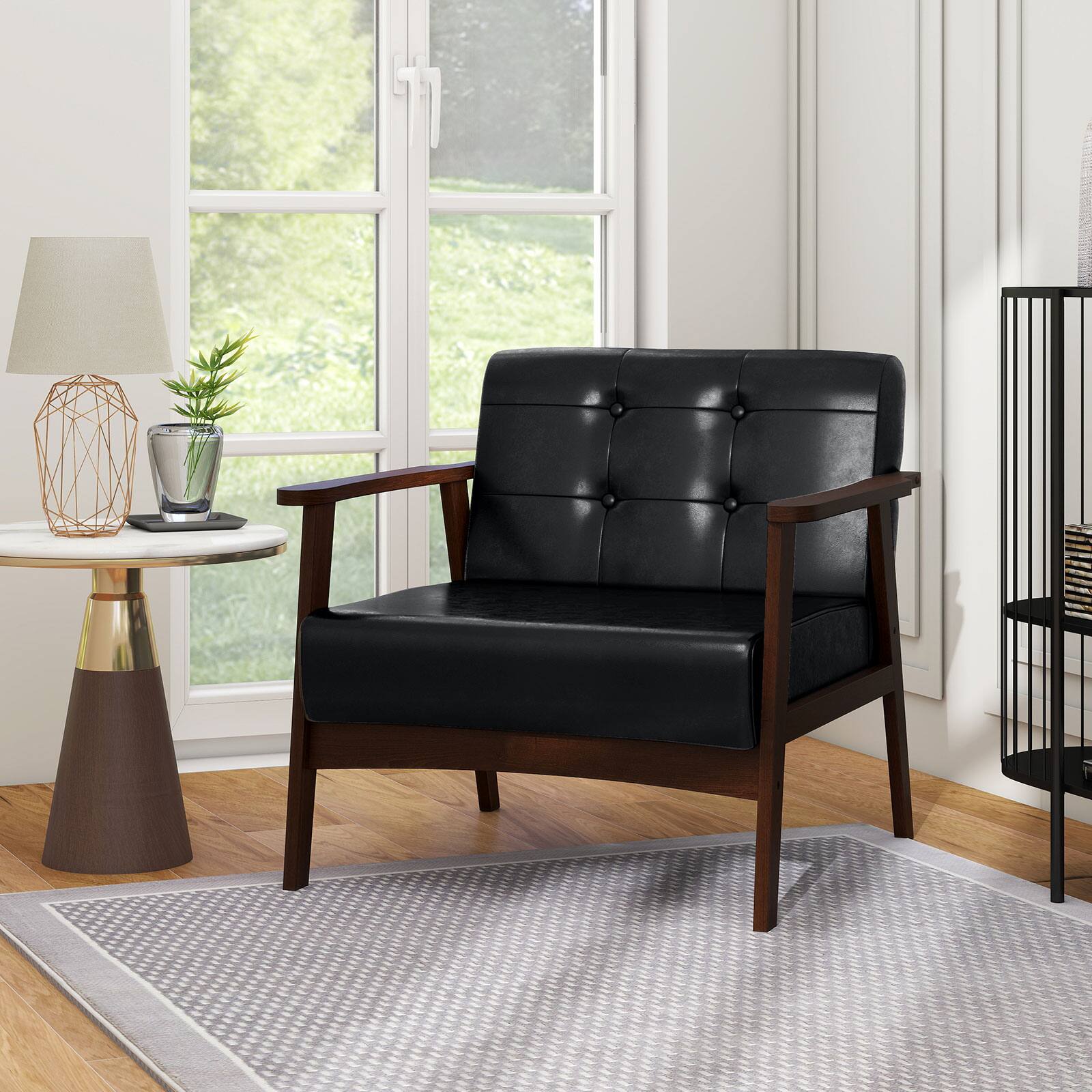 Alt View 3. Costway - Costway Accent Chair Button Tufted Mid-century Modern Lounge Chair with Armrest - Black.