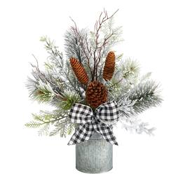 BreeBe - 20" Holiday Winter Greenery w/Pinecones & Gingham Plaid Bow - Multi