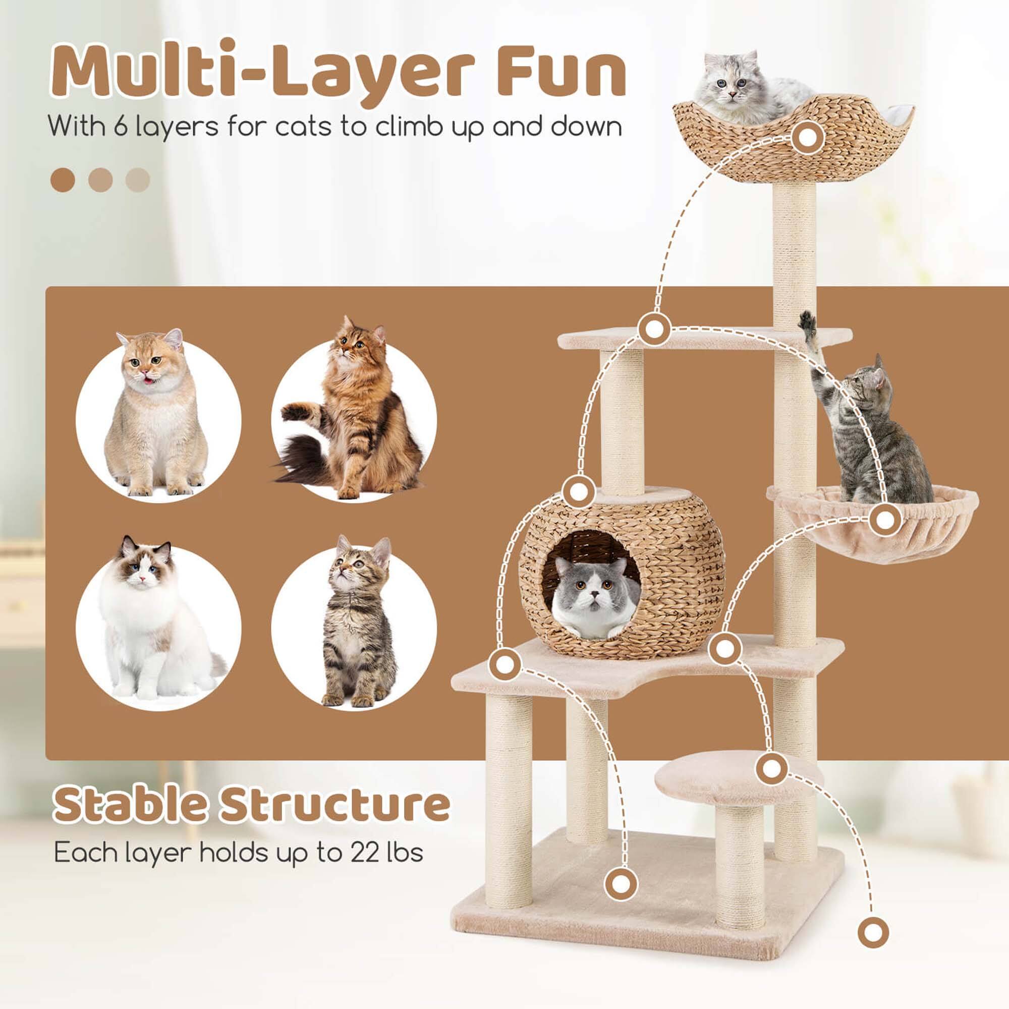 Multi-Layer Fun
With 6 layers for cats to climb up and down

Stable Structure
Each layer holds up to 22 lbs
