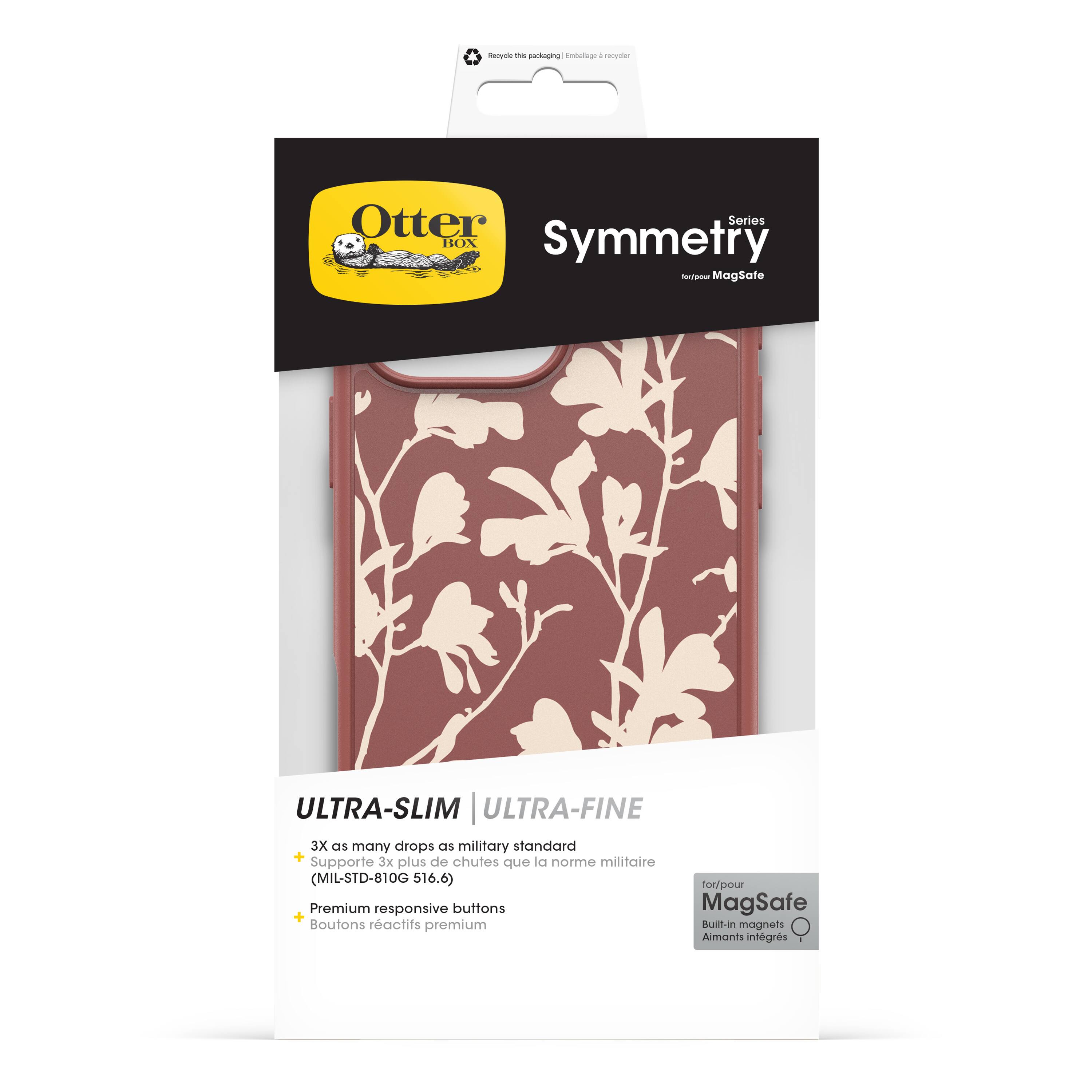 The text on the image reads:

"OtterBox Symmetry - n MagSafe ULTRA-SLIM | ULTRA-FINE 3X as many drops as military standard + 3x de chutes la norme militaire Supporte plus que (MIL-STD-810G 516.6) hot/pour Premium responsive buttons MagSafe + Boutons ractifs premium Buit-in magnets Aimants intgrs."

The text has been grouped and corrected as follows:

"OtterBox Symmetry - n MagSafe ULTRA-SLIM | ULTRA-FINE 3X as many drops as military standard + 3x de chutes la norme militaire Supporte plus que (MIL-STD-810G 516.6) hot/pour Premium responsive buttons MagSafe + Boutons ractifs premium Buit-in magnets Aimants intgrs."