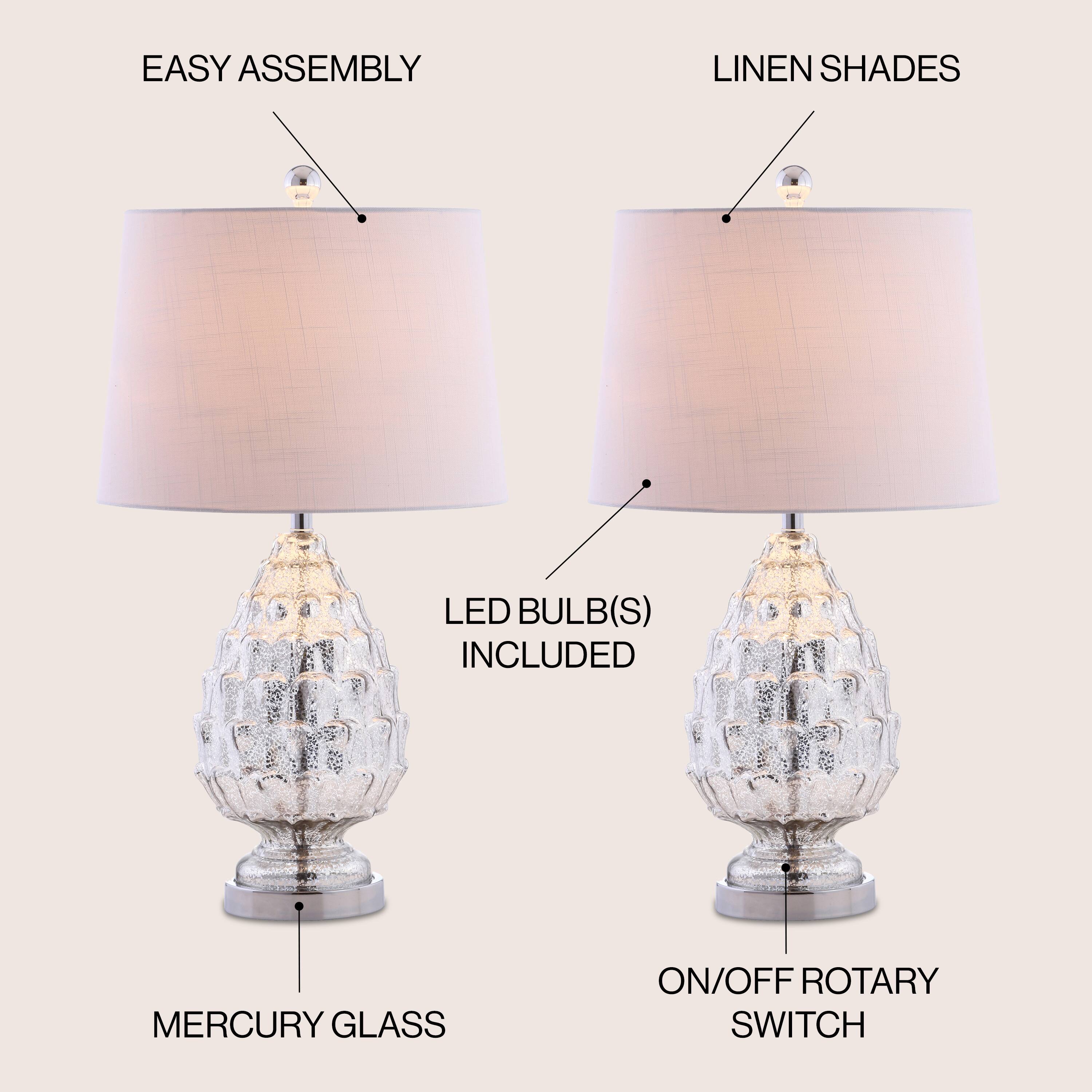 EASY ASSEMBLY  
LINEN SHADES  
LED BULB(S) INCLUDED  
MERCURY GLASS  
ON/OFF ROTARY SWITCH