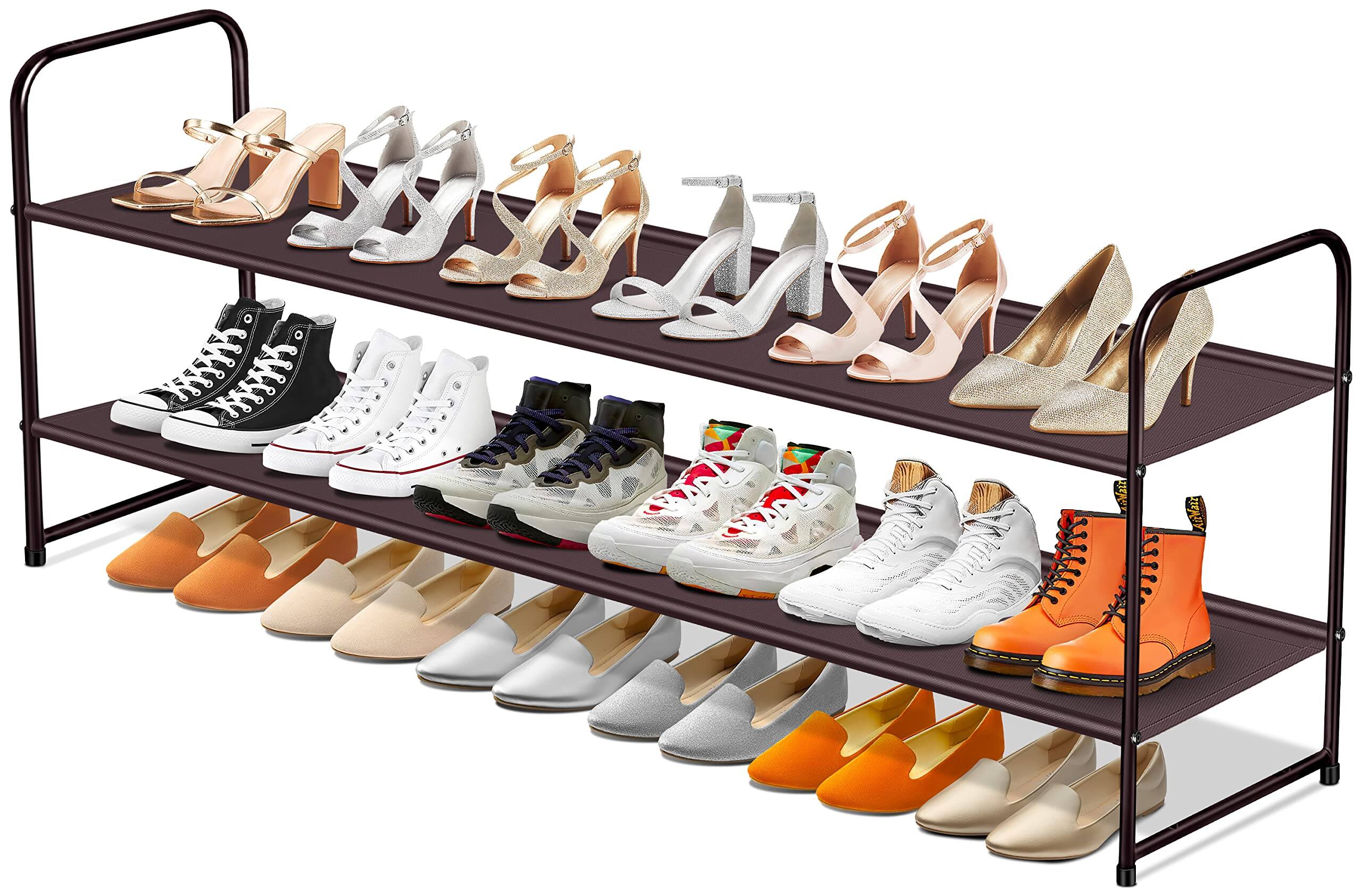 ThinkLink Electronic - Long Shoe Organizer For Closet Stackable Wide Rack Holds Low Shelf Storage Bedroom Floor Entryway - Bronze 11.4 x 42.5 x 18.7