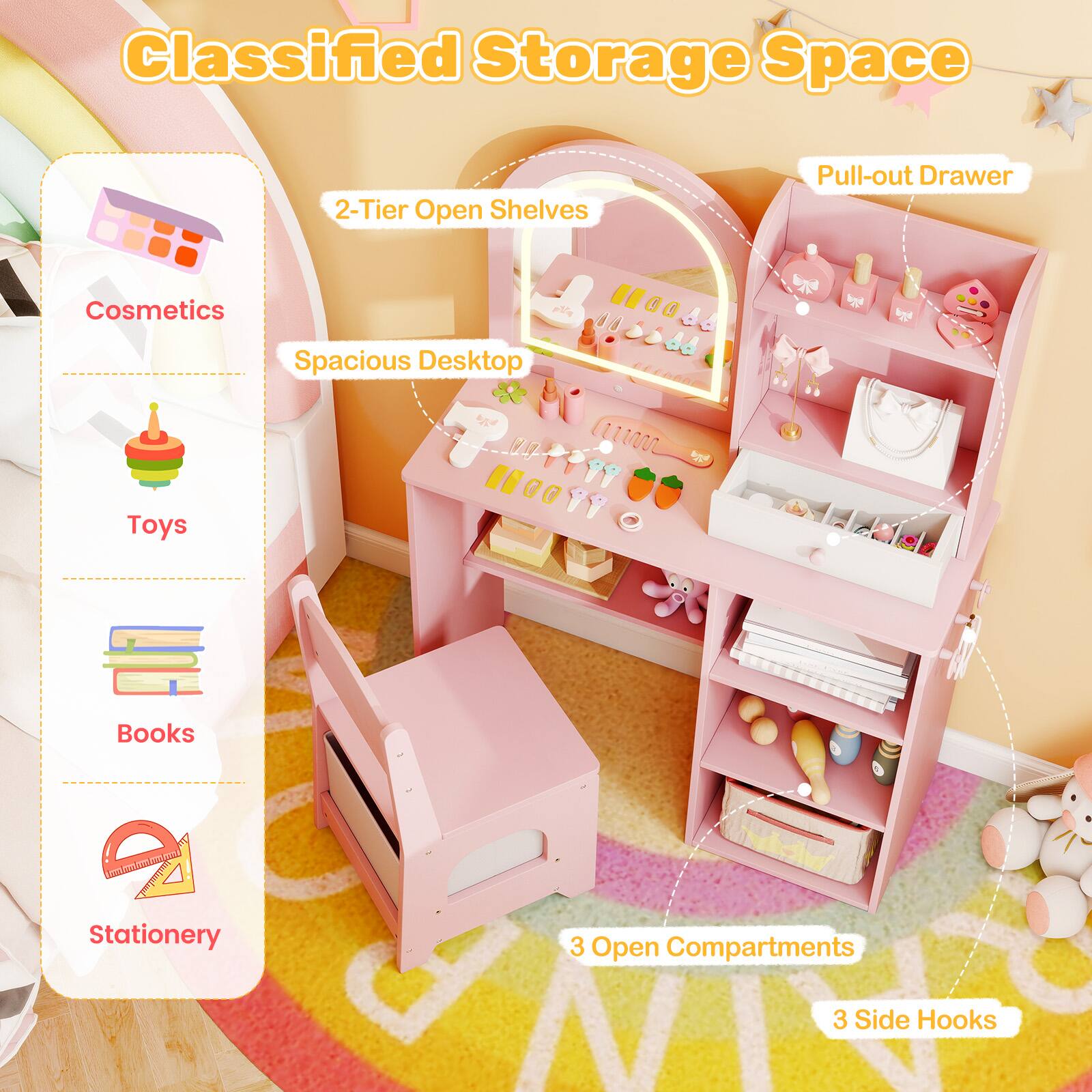 Classified Storage Space

- 2-Tier Open Shelves
- Spacious Desktop
- Pull-out Drawer
- 3 Open Compartments
- 3 Side Hooks

Cosmetics
Toys
Books
Stationery