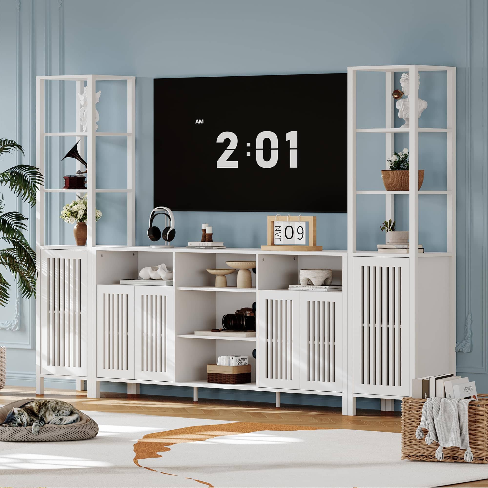 Qeetex - 3-Piece Large TV Stand for TVs up to 70", Entertainment Center with Modular Bookshelves Cabinet, Doors & Shelves - White