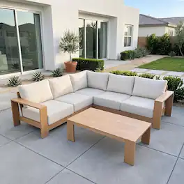 Acanva - Ciela L-Shaped Outdoor Patio Sofa with Coffee Table - Beige + Oak wood grain