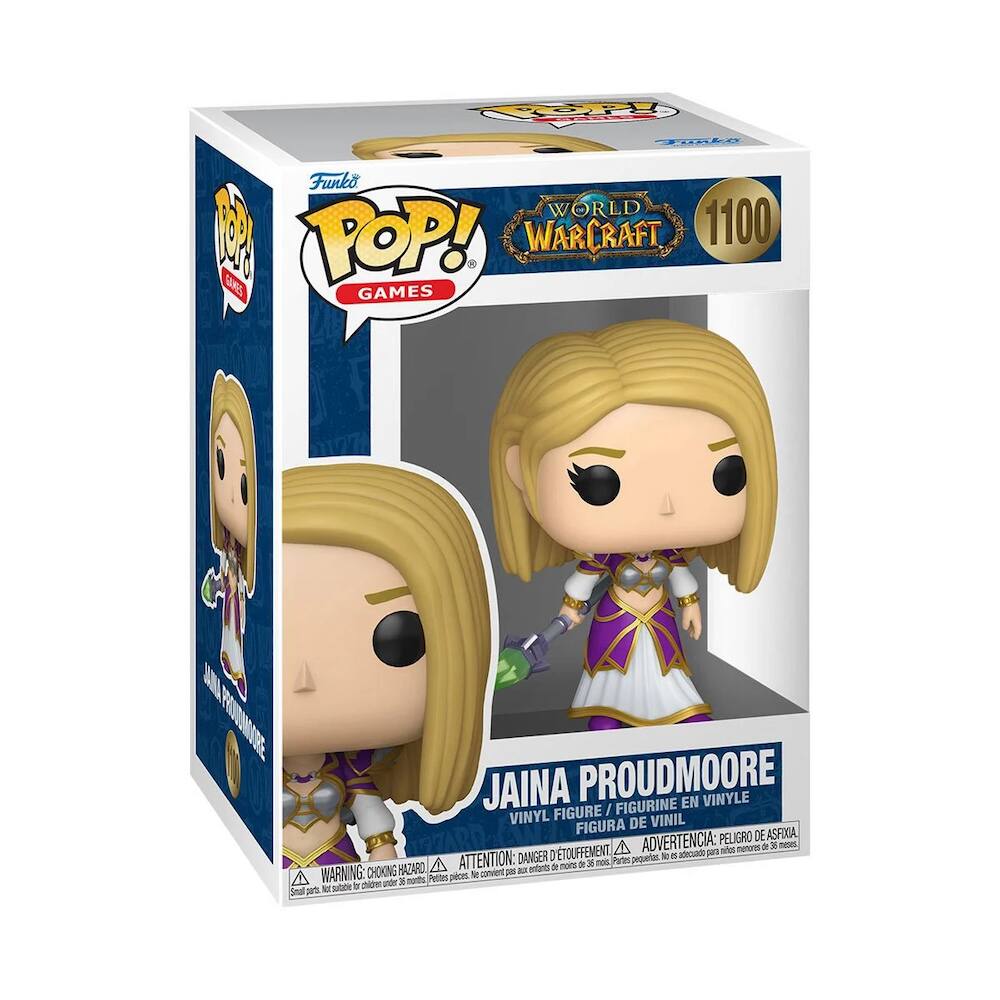 Sure, here is the corrected and grouped text from the image:

---

**Funko POP! GAMES**

**WORLD OF WARCRAFT**

**1100**

**JAINA PROUDMOORE**

**VINYL FIGURE / FIGURINE EN VINYLE / FIGURA DE VINIL**

**WARNING: CHOKING HAZARD - Small parts. Not for children under 3 years.**

**ADVERTENCIA: PEQUEÑAS PIEZAS. NO ES ADECUADO PARA NIÑOS MENORES DE 3 AÑOS.**

**ATTENTION: PELIGRO DE ASFIXIA - Petits pièces. Ne convient pas aux enfants de moins de 3 ans.**

**ADVERTENCIA: PEQUEÑAS PIEZAS. NO ES ADECUADO PARA NIÑOS MENORES DE 3 AÑOS.**

---

This text is from the packaging of a Funko Pop! vinyl figure from the World of Warcraft series, featuring Jaina Proudmoore.