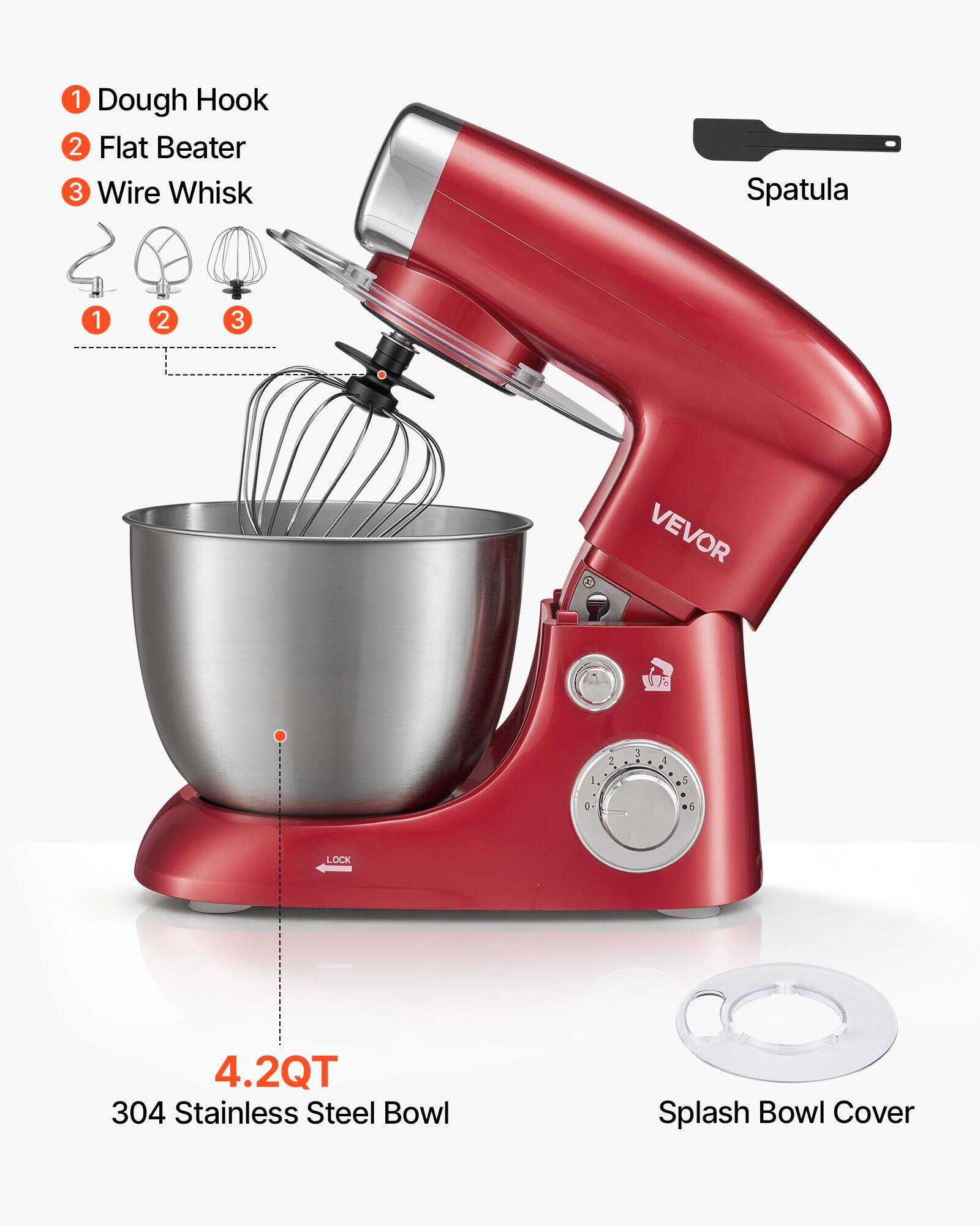 1. Dough Hook
2. Flat Beater
3. Wire Whisk
4. Spatula
5. 4.2QT 304 Stainless Steel Bowl
6. Splash Bowl Cover