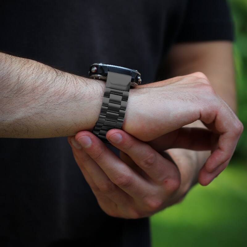 Left. StrapsCo - Link Bracelet QuickFit 22 Stainless Steel Metal Watch Band Strap For Garmin Instinct 2 - Black.
