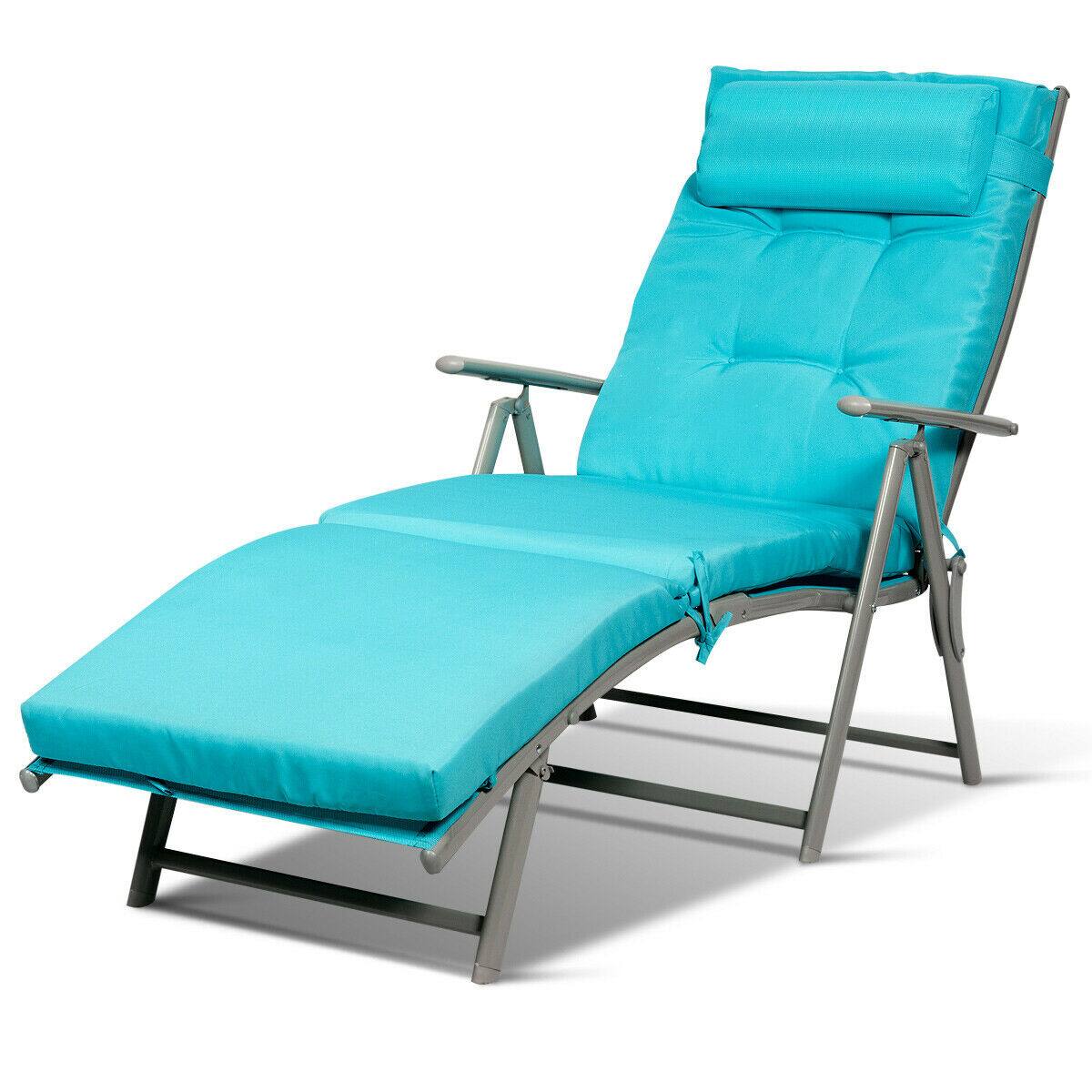Alt View 5. Gymax - Gymax 2PCS Folding Chaise Lounge Chair Recliner Cushion Pillow Adjustable Outdoor Turquoise - Turquoise.