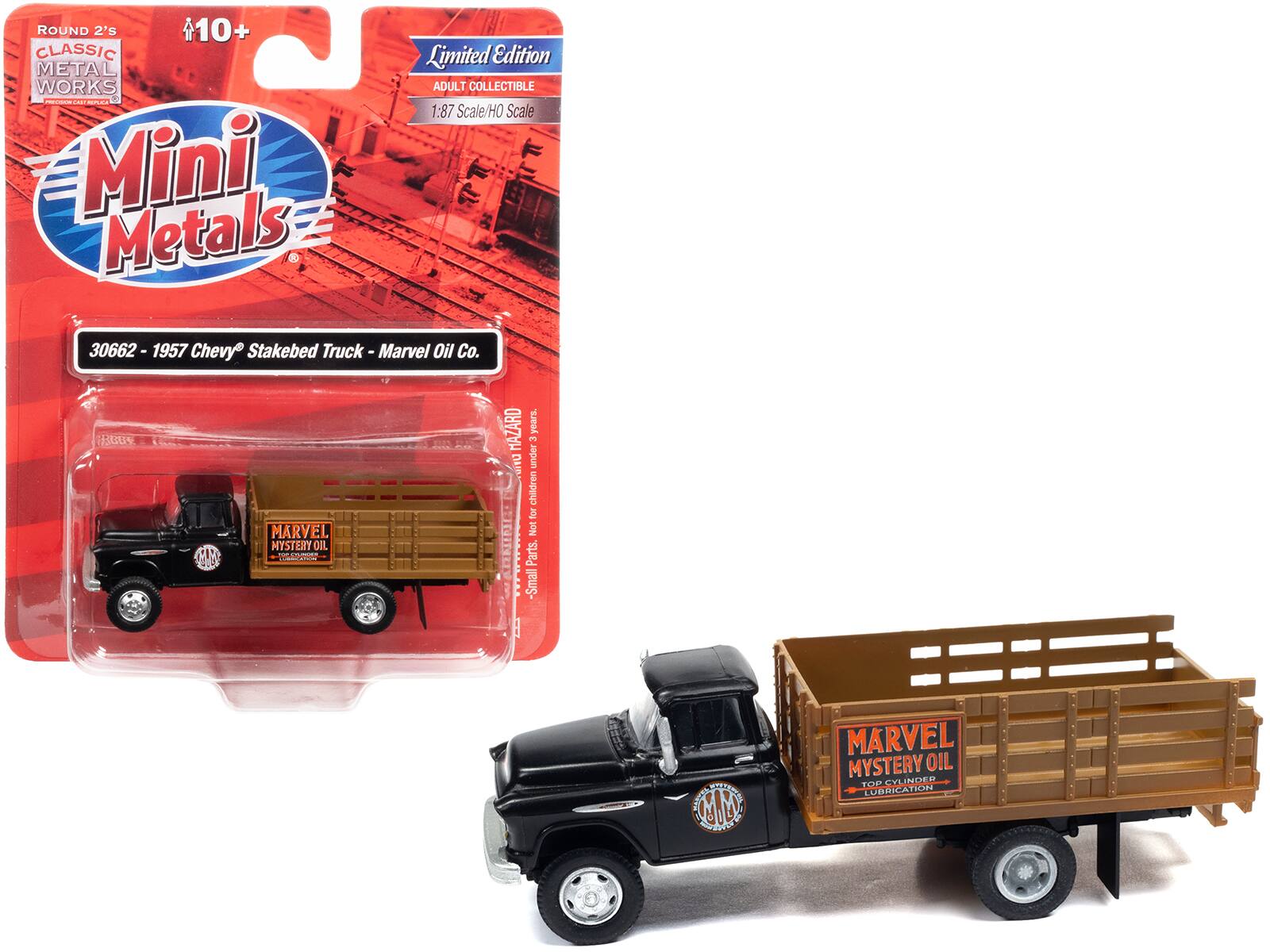 ROUND 2's  
CLASSIC METAL WORKS  
Mini Metals  
Limited Edition  
ADULT COLLECTIBLE  
1:87 Scale/HO Scale  

30662 - 1957 Chevy Stakebed Truck - Marvel Oil Co.  

MARVEL MYSTERY OIL  
TOP CYLINDER LUBRICATION  

10+  
Small Parts. Not for children under 3 years.